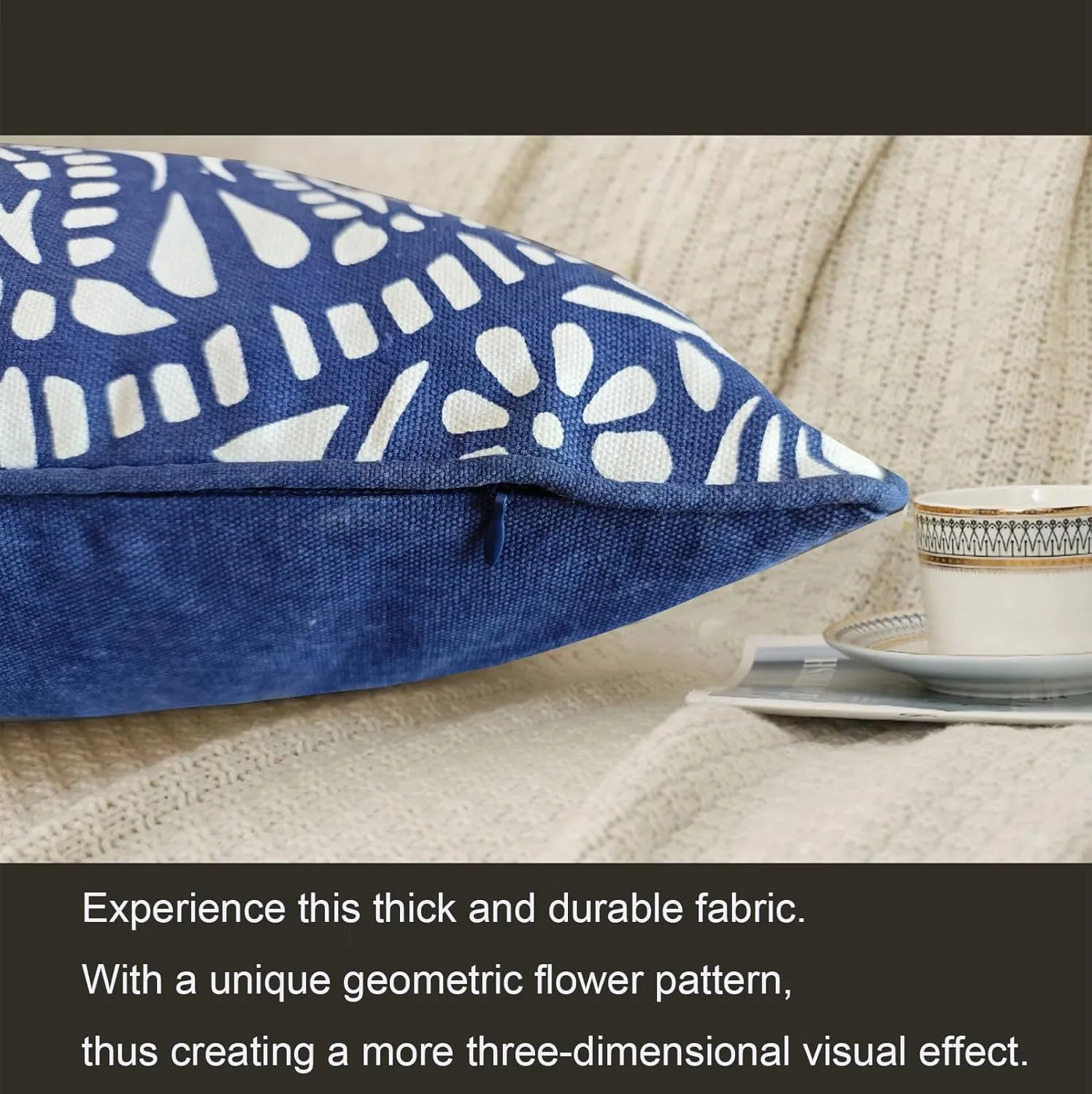 Accent Pillow Cushion Covers 1PC Chartres Mandala 17 x17” Geometric Navy Blue Print White Cotton Canvas Decorative Couch Pillowcase Accent Cushion Shell w/Navy Blue Piping 43X43cm
