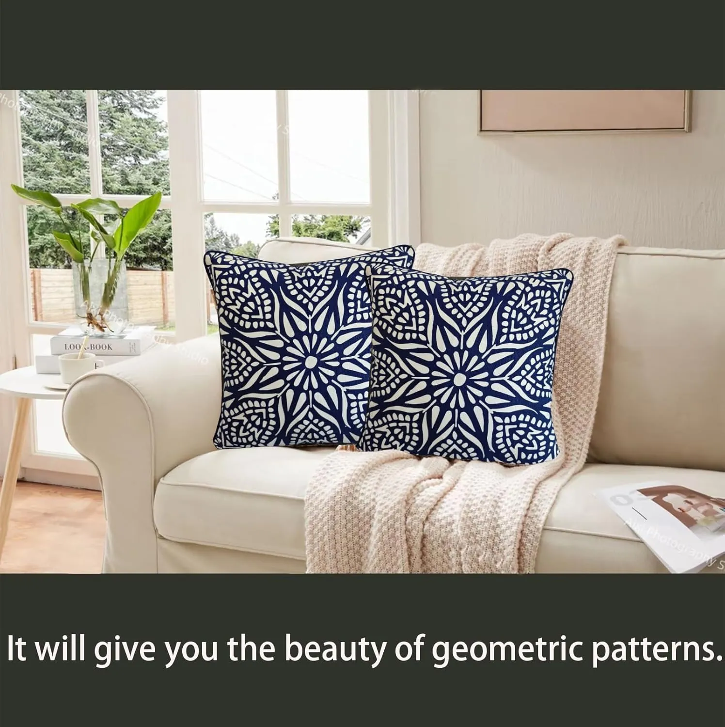 Accent Pillow Cushion Covers 1PC Chartres Mandala 17 x17” Geometric Navy Blue Print White Cotton Canvas Decorative Couch Pillowcase Accent Cushion Shell w/Navy Blue Piping 43X43cm