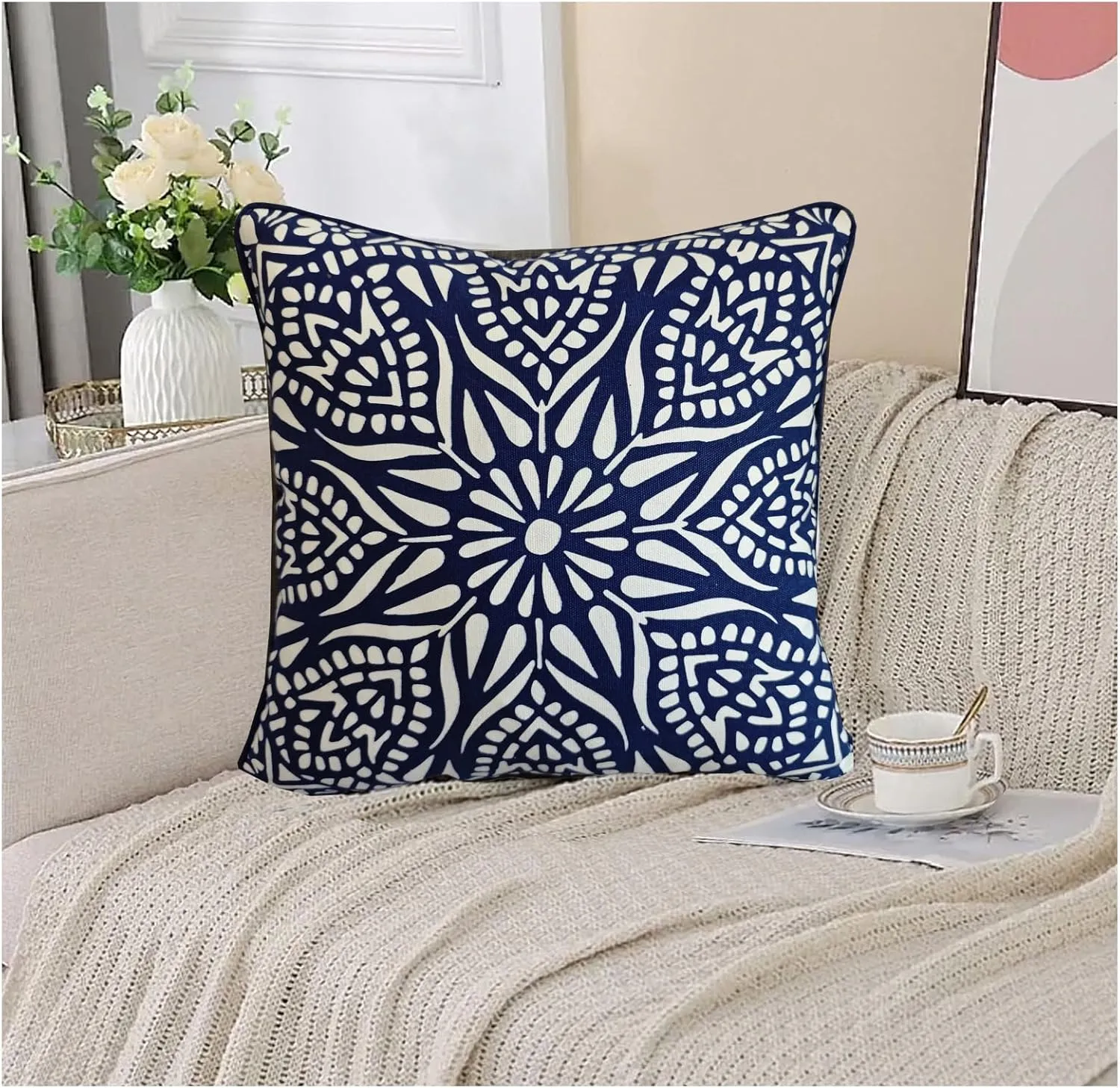 Accent Pillow Cushion Covers 1PC Chartres Mandala 17 x17” Geometric Navy Blue Print White Cotton Canvas Decorative Couch Pillowcase Accent Cushion Shell w/Navy Blue Piping 43X43cm