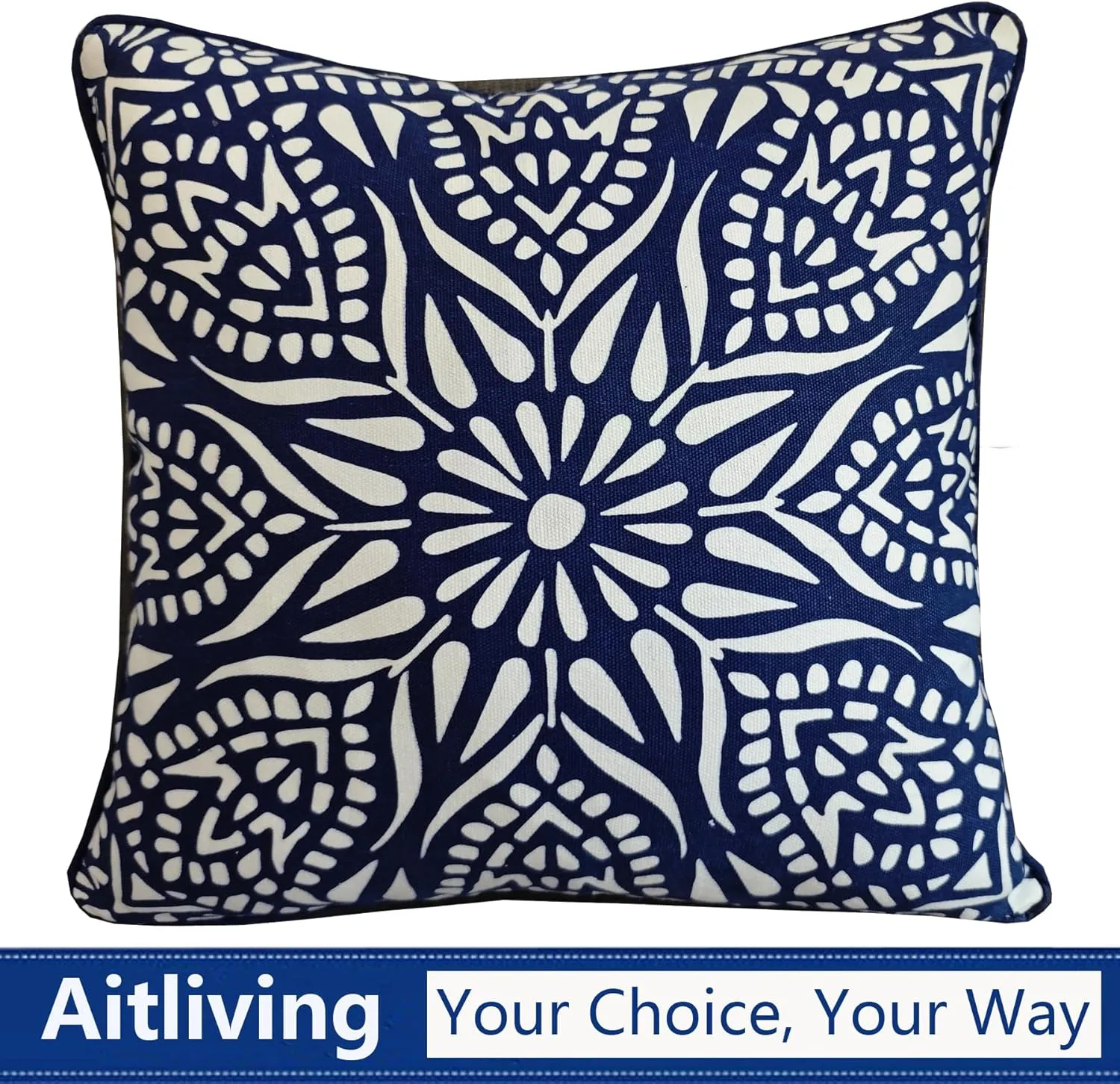 Accent Pillow Cushion Covers 1PC Chartres Mandala 17 x17” Geometric Navy Blue Print White Cotton Canvas Decorative Couch Pillowcase Accent Cushion Shell w/Navy Blue Piping 43X43cm