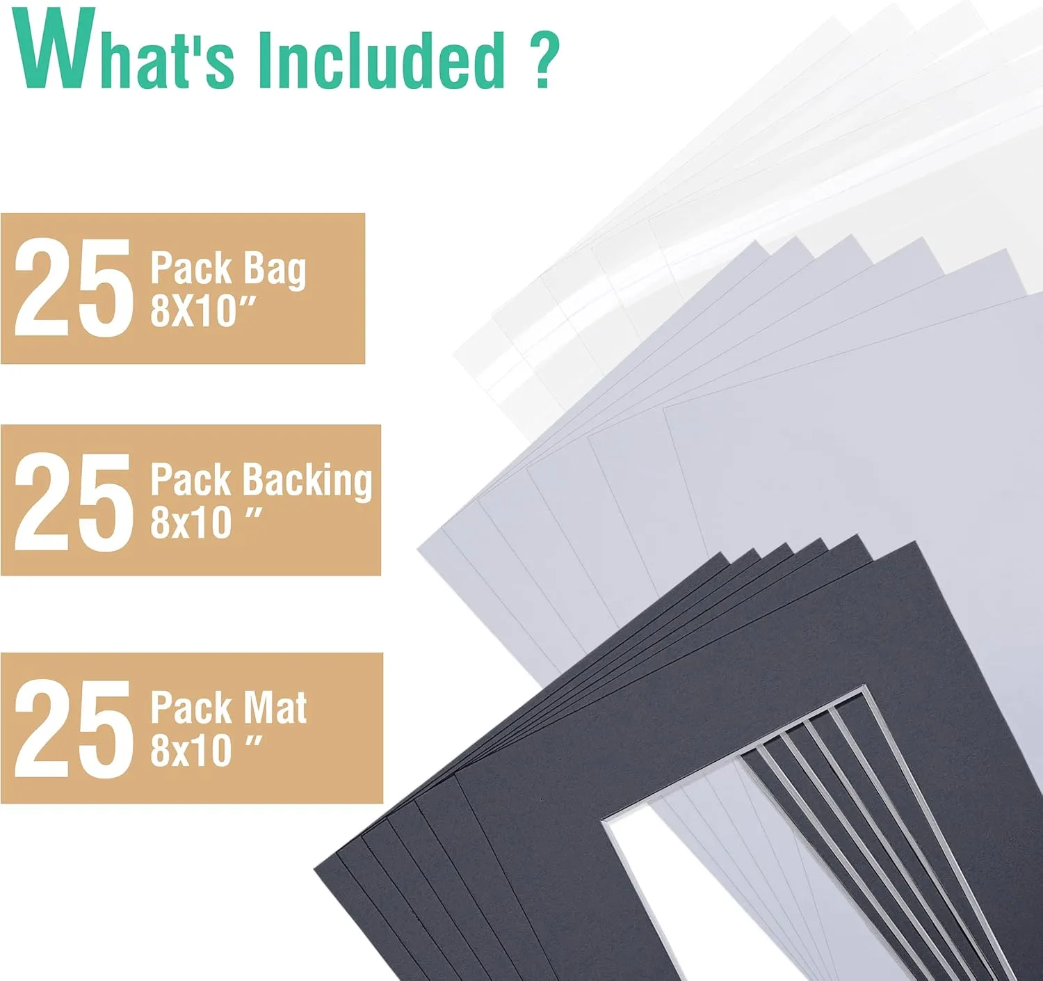 Acid Free 8x10 Pre-Cut Picture Mat Board Kit for 5x7 Photo, Includes 25 Black Core Bevel Cut Mattes, 25 Backing Boards, 25 Crystal Clear Bags
