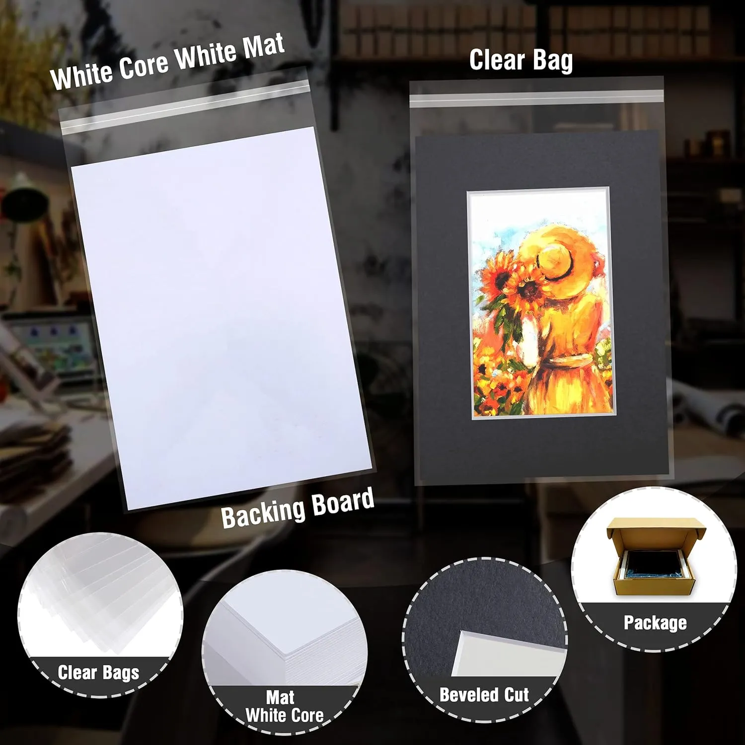 Acid Free 8x10 Pre-Cut Picture Mat Board Kit for 5x7 Photo, Includes 25 Black Core Bevel Cut Mattes, 25 Backing Boards, 25 Crystal Clear Bags