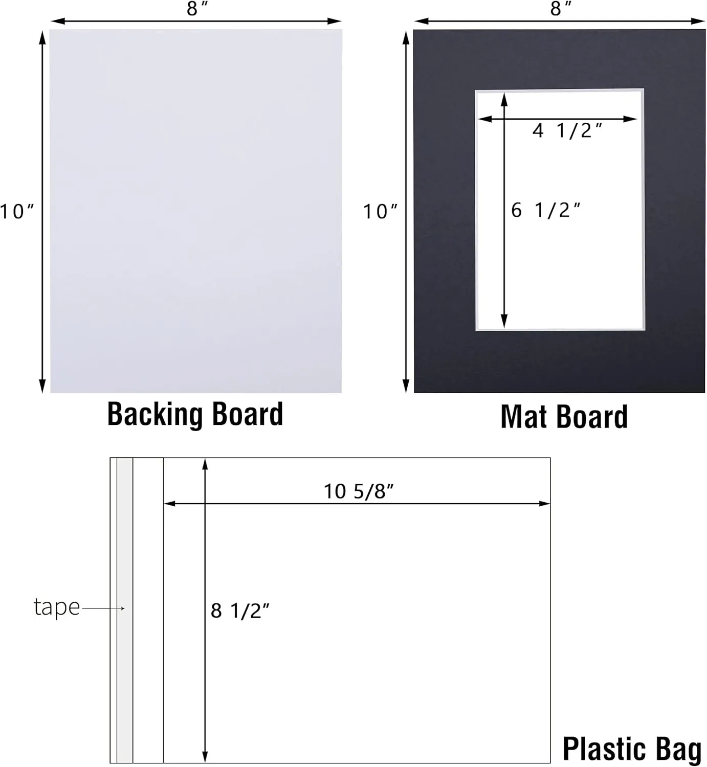 Acid Free 8x10 Pre-Cut Picture Mat Board Kit for 5x7 Photo, Includes 25 Black Core Bevel Cut Mattes, 25 Backing Boards, 25 Crystal Clear Bags