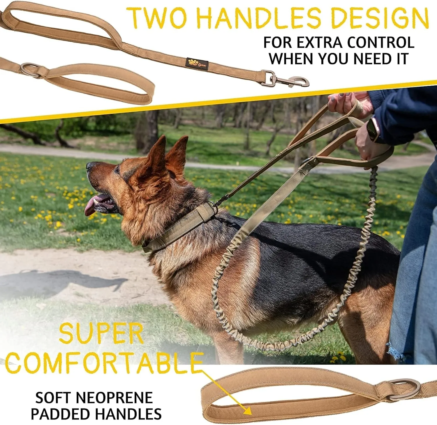 ADITYNA Tactical Bungee Dog Leash 6ft-7.5ft - Shock Absorbing Lead with 2 Padded Handles, Metal Clasp, Car Seatbelt - Heavy Duty No Pull for Medium, Large & XL Breeds