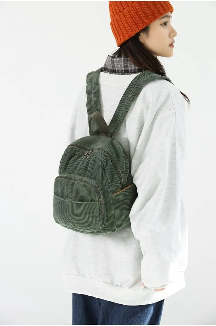 Aesthetic Backpack Mini Classic Corduroy College Backpack for Women Cute Retro Grunge Backpack Casual Daypack (One Size,Green)