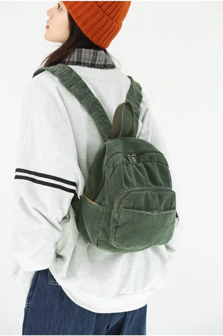Aesthetic Backpack Mini Classic Corduroy College Backpack for Women Cute Retro Grunge Backpack Casual Daypack (One Size,Green)