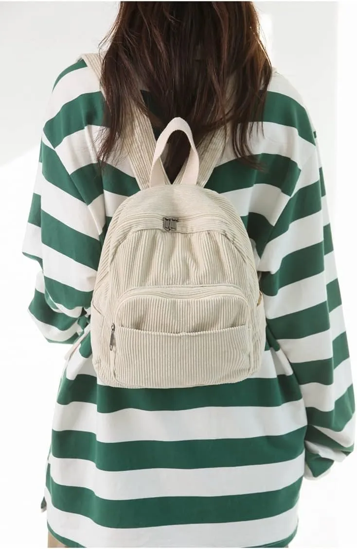 Aesthetic Backpack Mini Classic Corduroy College Backpack for Women Cute Retro Grunge Backpack Casual Daypack (One Size,White)