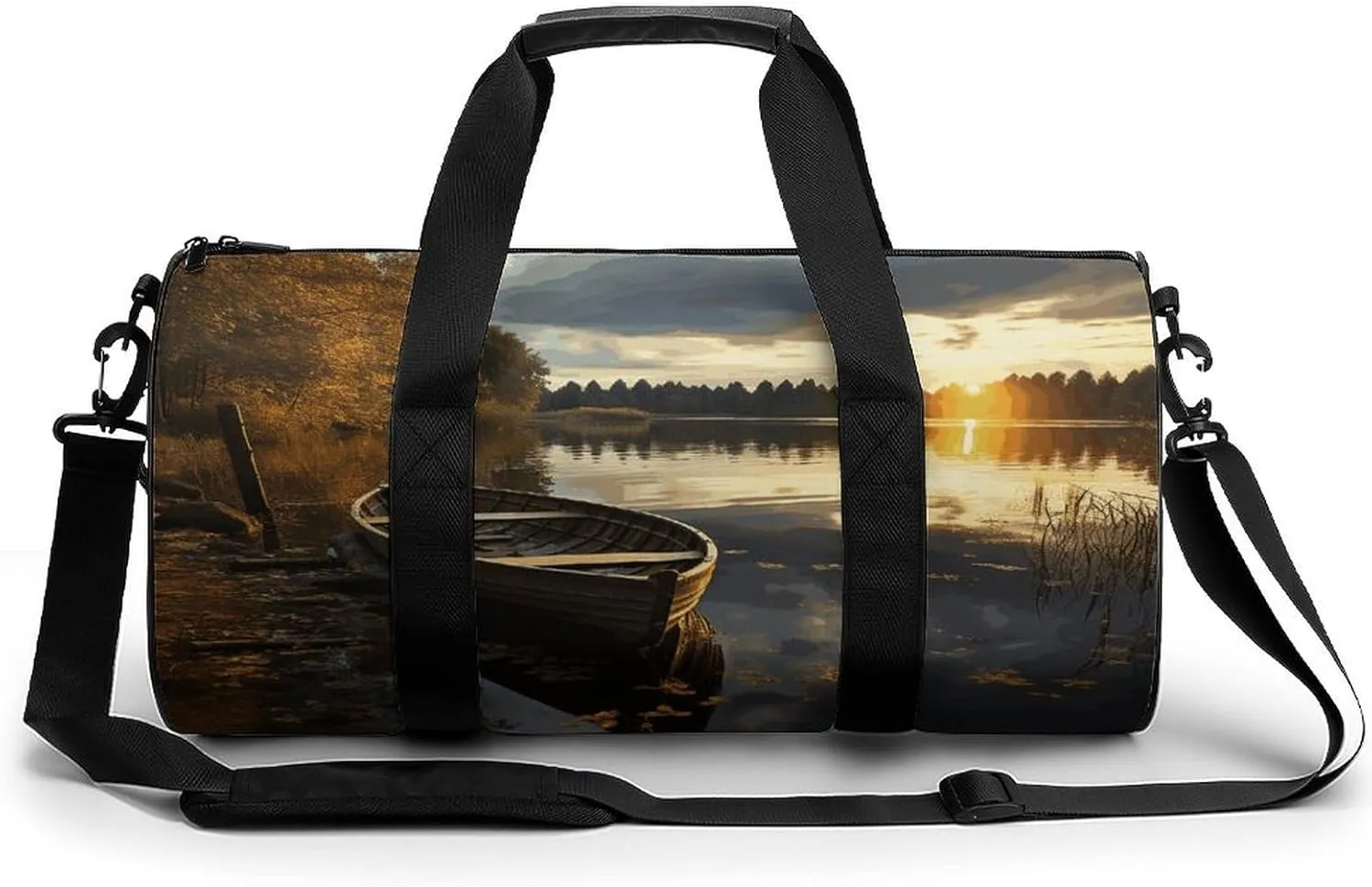 Aesthetic Sports Bag for Women Boat at Lake Shore Printed Duffle Travel Bag for Men Women Mini Workout Bags Cylindrical Gym Bag