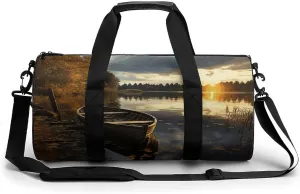 Aesthetic Sports Bag for Women Boat at Lake Shore Printed Duffle Travel Bag for Men Women Mini Workout Bags Cylindrical Gym Bag