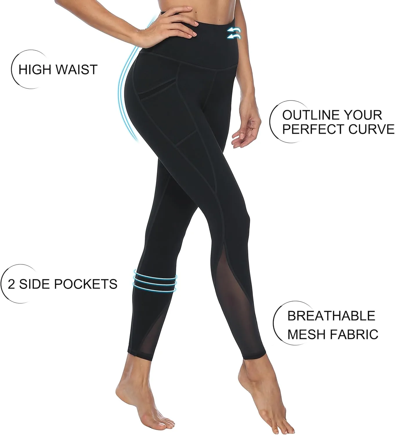 AFITNE Women’s High Waist Mesh Yoga Leggings with Side Pockets, Tummy Control Workout Squat-Proof Yoga Pants