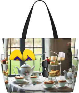Afternoon Tea Print Stylish Beach Tote Bag,Large Capacity Handbag,Perfect For Women'S Vacation And Daily Use