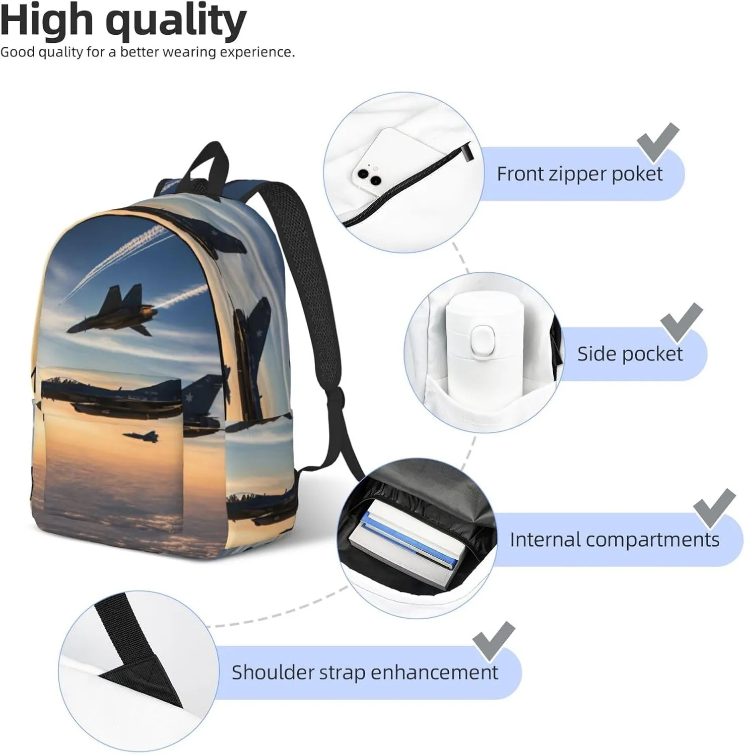 Aircraft Fighter Jets print Duffel Bag, Lightweight Duffel Bag, Casual Backpack, 17.7 x 6.3 x 12.2 inches
