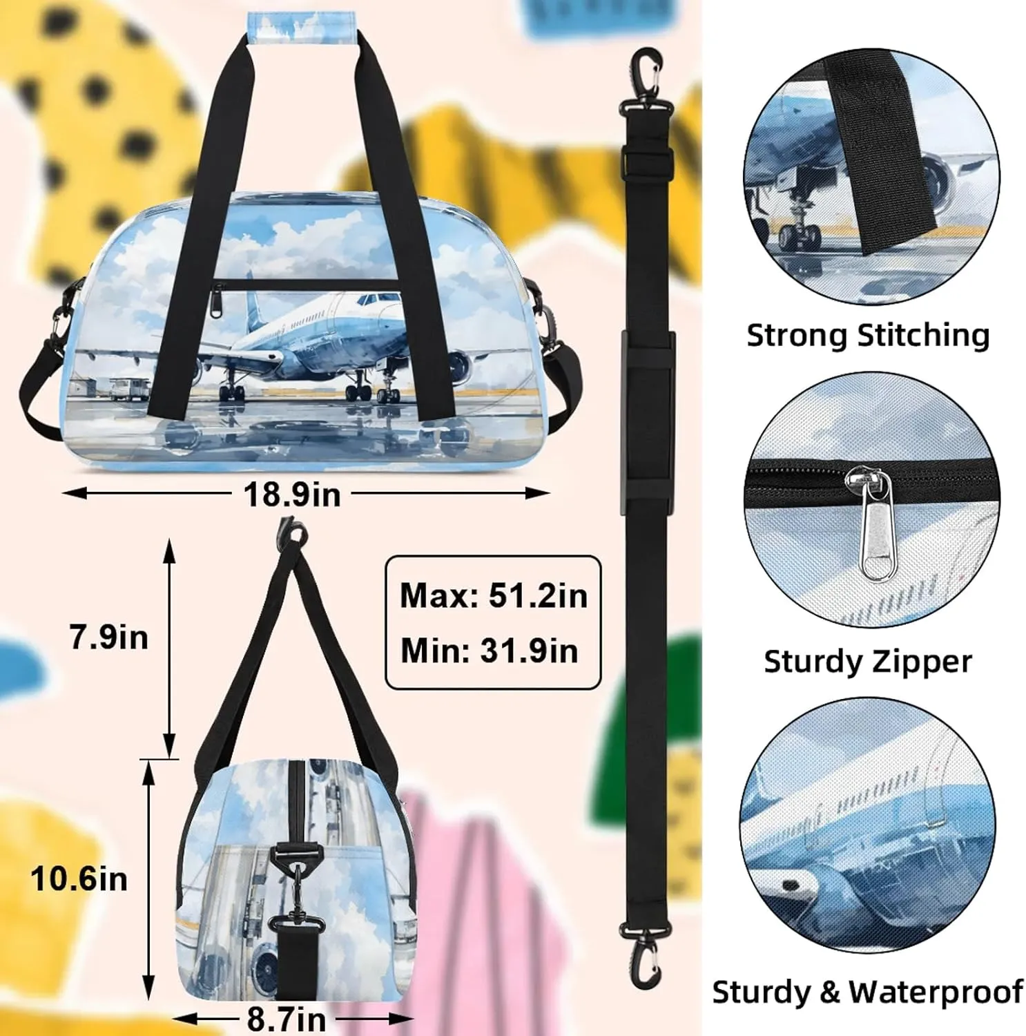 Airplanes Printed Small Gym Bag 18 inch Carry On Duffel Bag for Weekender Travel Sports Workout Yoga Gymnastics Dance Ballet