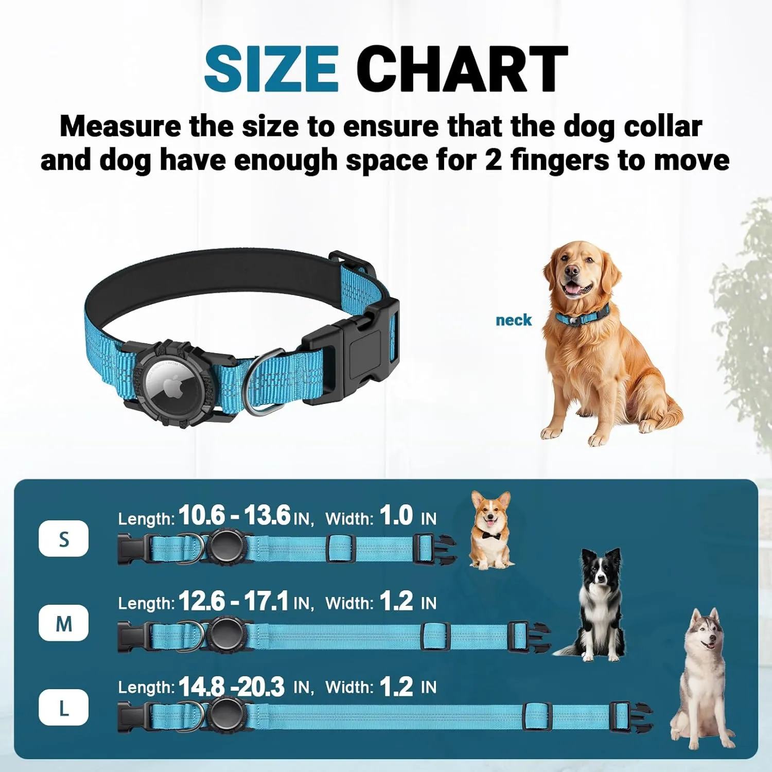 AirTag Dog Collar, IP68 Waterproof Integrated Air Tag Dog Collars with Reflective, Ultra-Durable, Comfortable Padded, Heavy Duty Dog Collars for Small Medium Large Dogs, L (14.8"-20.3"), Blue
