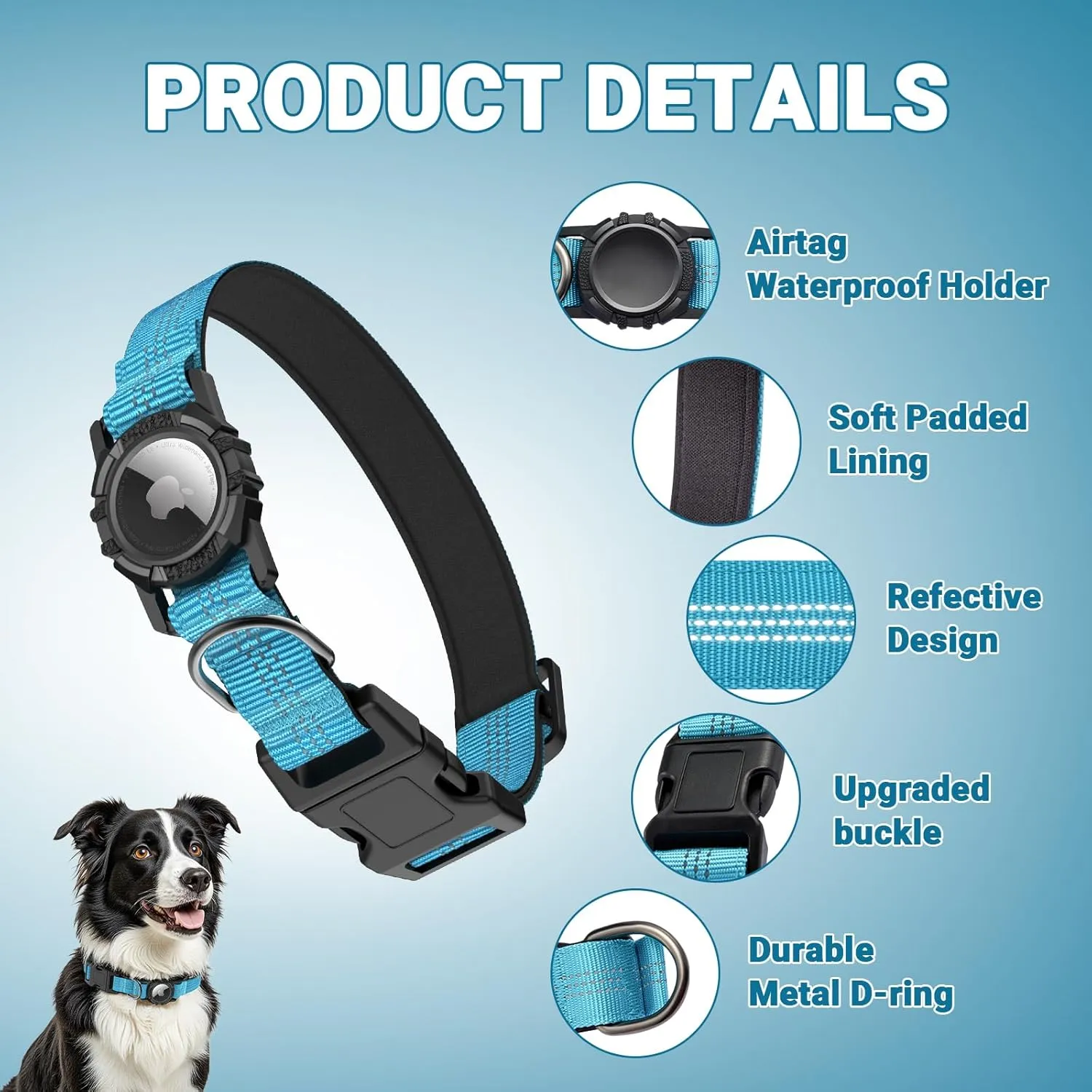 AirTag Dog Collar, IP68 Waterproof Integrated Air Tag Dog Collars with Reflective, Ultra-Durable, Comfortable Padded, Heavy Duty Dog Collars for Small Medium Large Dogs, L (14.8"-20.3"), Blue
