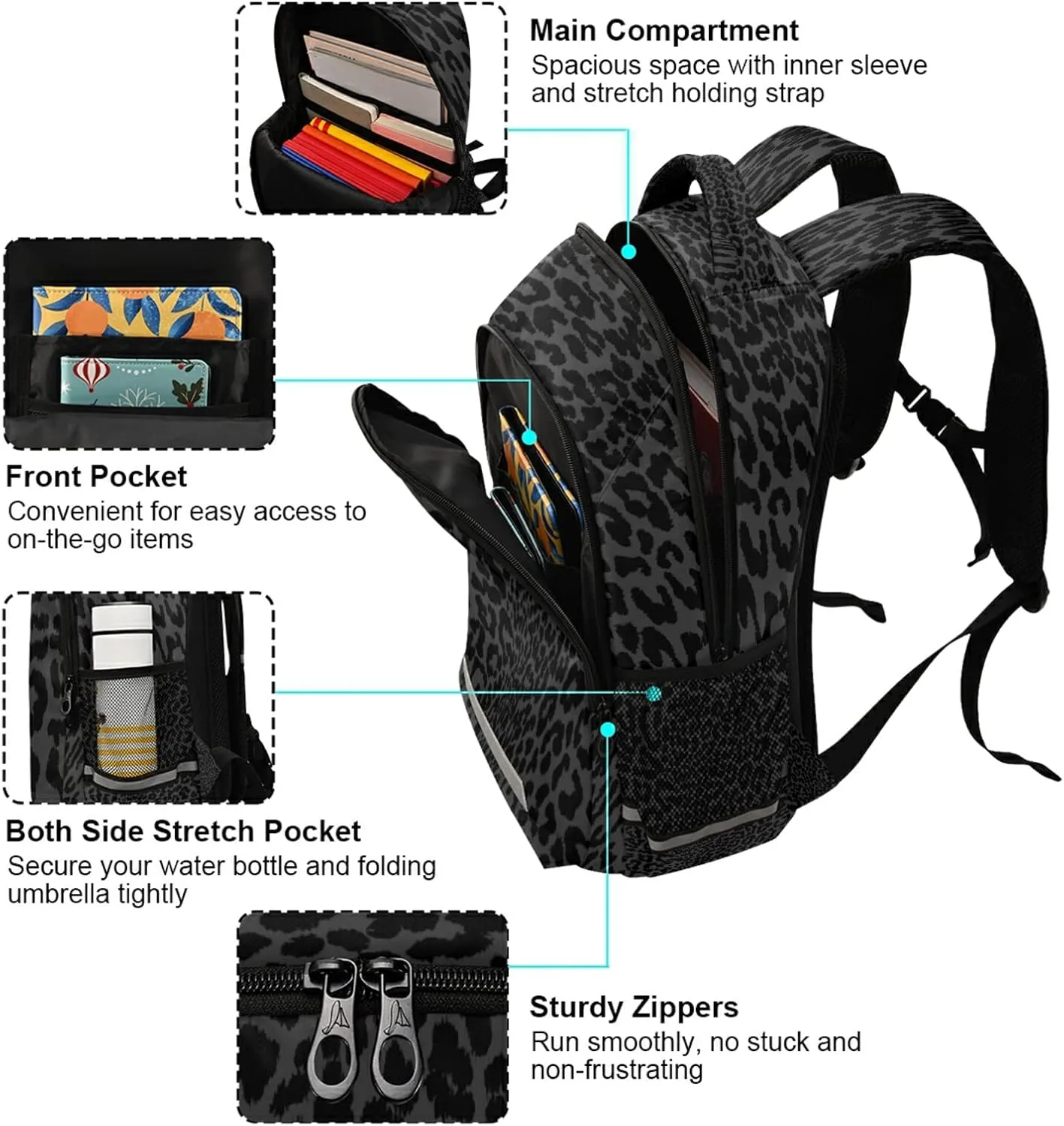 ALAZA Dark Gray Leopard Cheetah Print Backpack For women Bookbag Travel Daypack