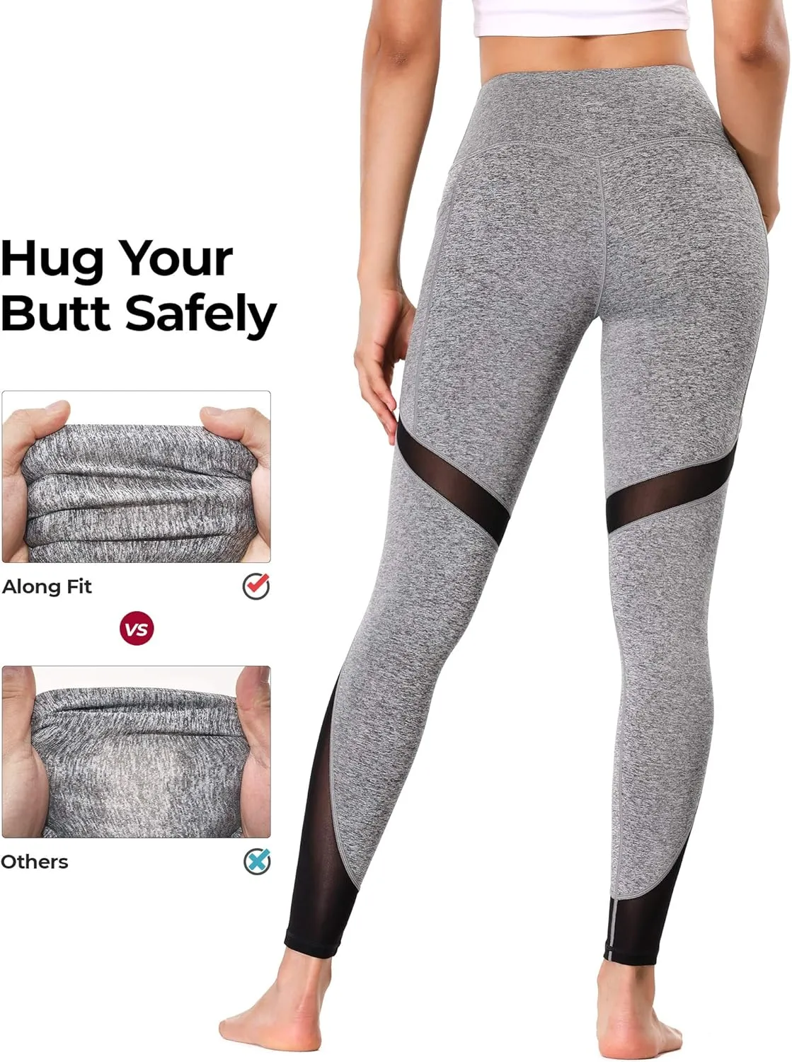 ALONG FIT Women's Mesh Yoga Leggings with Side Pockets Tummy Control Workout Running Capris High Waist Yoga Pants