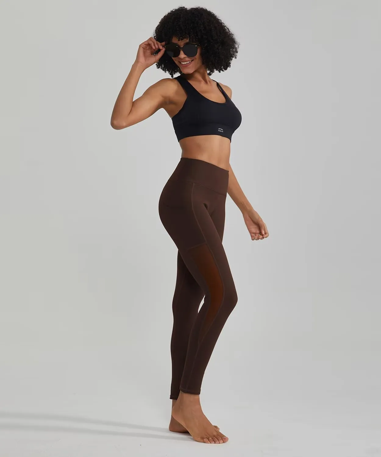 ALONG FIT Women's Mesh Yoga Leggings with Side Pockets Tummy Control Workout Running Capris High Waist Yoga Pants