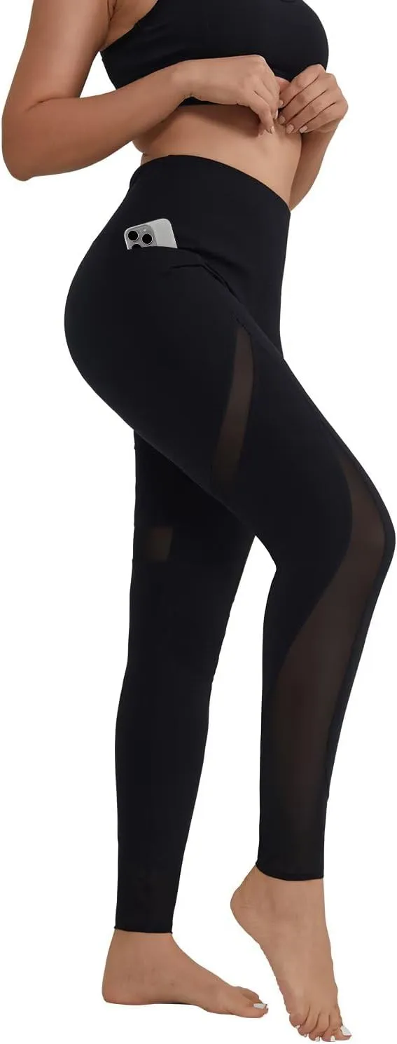 ALONG FIT Women's Mesh Yoga Leggings with Side Pockets Tummy Control Workout Running Capris High Waist Yoga Pants