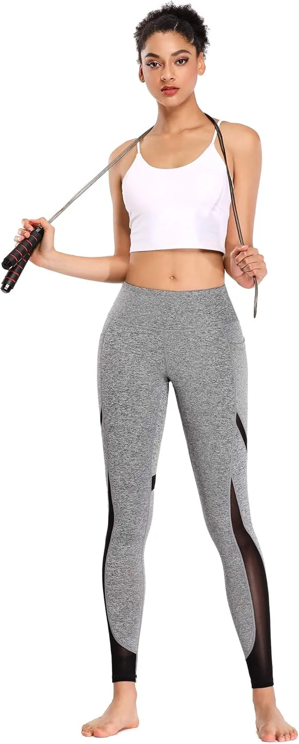 ALONG FIT Women's Mesh Yoga Leggings with Side Pockets Tummy Control Workout Running Capris High Waist Yoga Pants