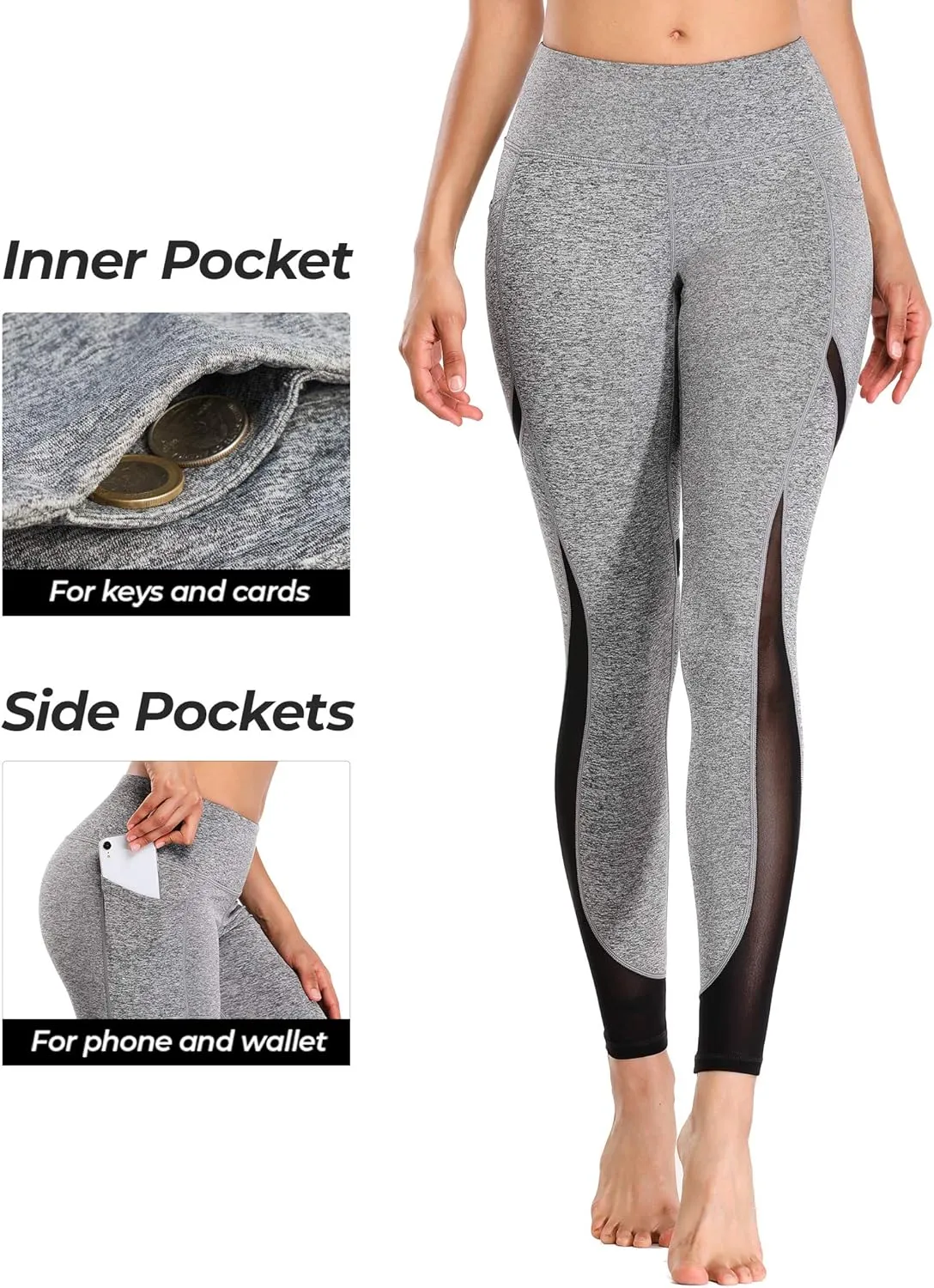 ALONG FIT Women's Mesh Yoga Leggings with Side Pockets Tummy Control Workout Running Capris High Waist Yoga Pants