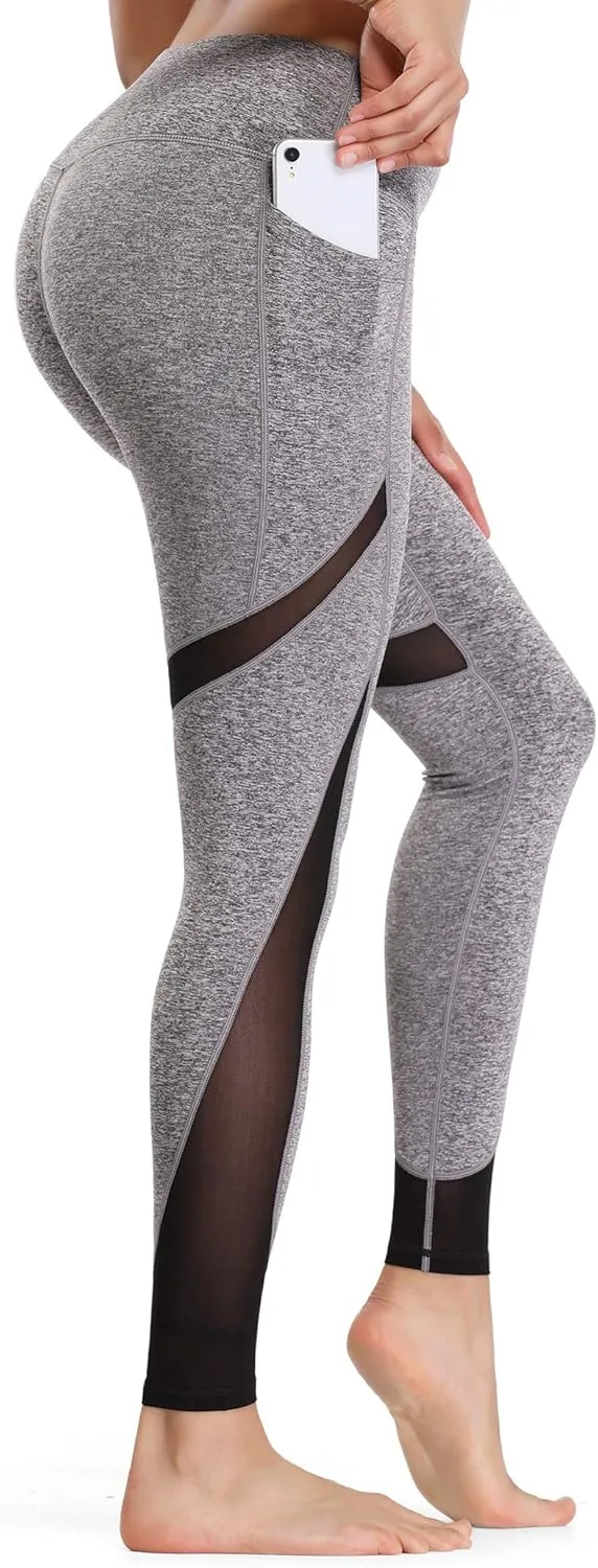 ALONG FIT Women's Mesh Yoga Leggings with Side Pockets Tummy Control Workout Running Capris High Waist Yoga Pants