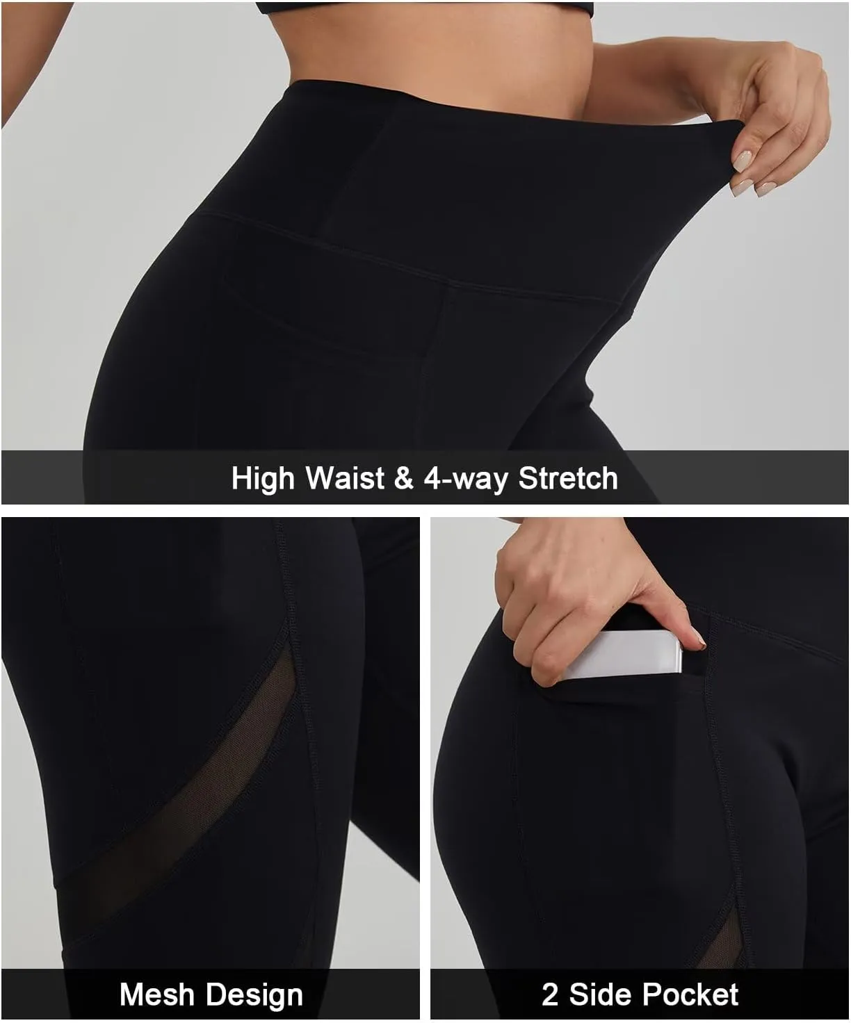 ALONG FIT Women's Mesh Yoga Leggings with Side Pockets Tummy Control Workout Running Capris High Waist Yoga Pants