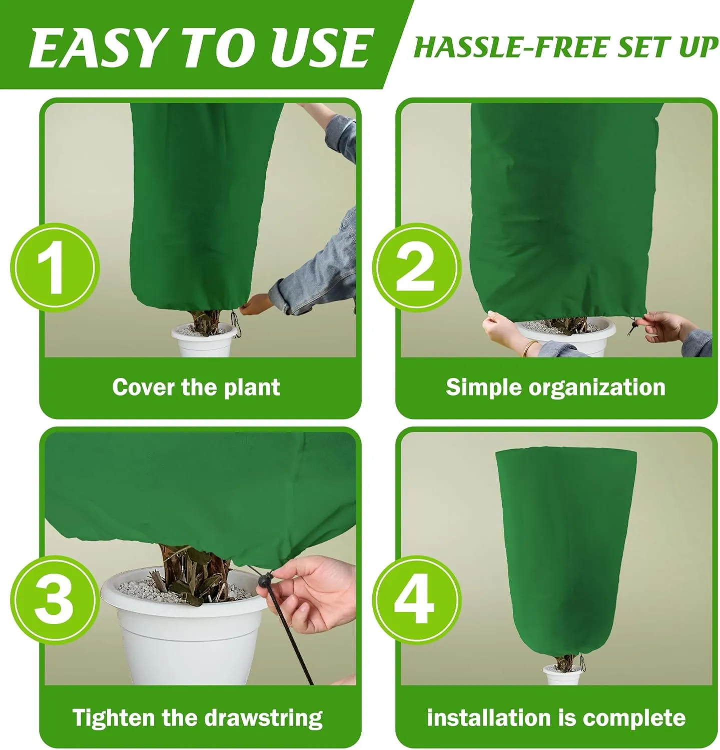 Alpurple 2 Packs Winter Drawstring Plant Covers- 39 x 63 Inch Warm Plant Protection Cover Bags, Frost Cloth Blanket Protecting Fruit Tree Potted Plants from Freezing Animals Eating (Green)