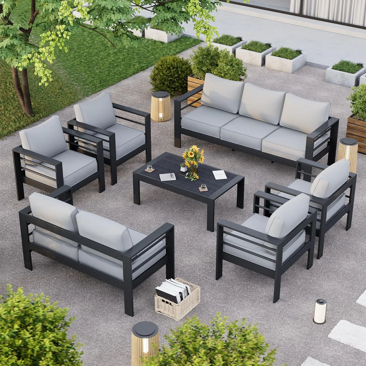 Aluminum Patio Furniture, 10 Piece Metal Outdoor Set with Waterproof Covers for Backyard Garden (Dark Grey & Light Grey)