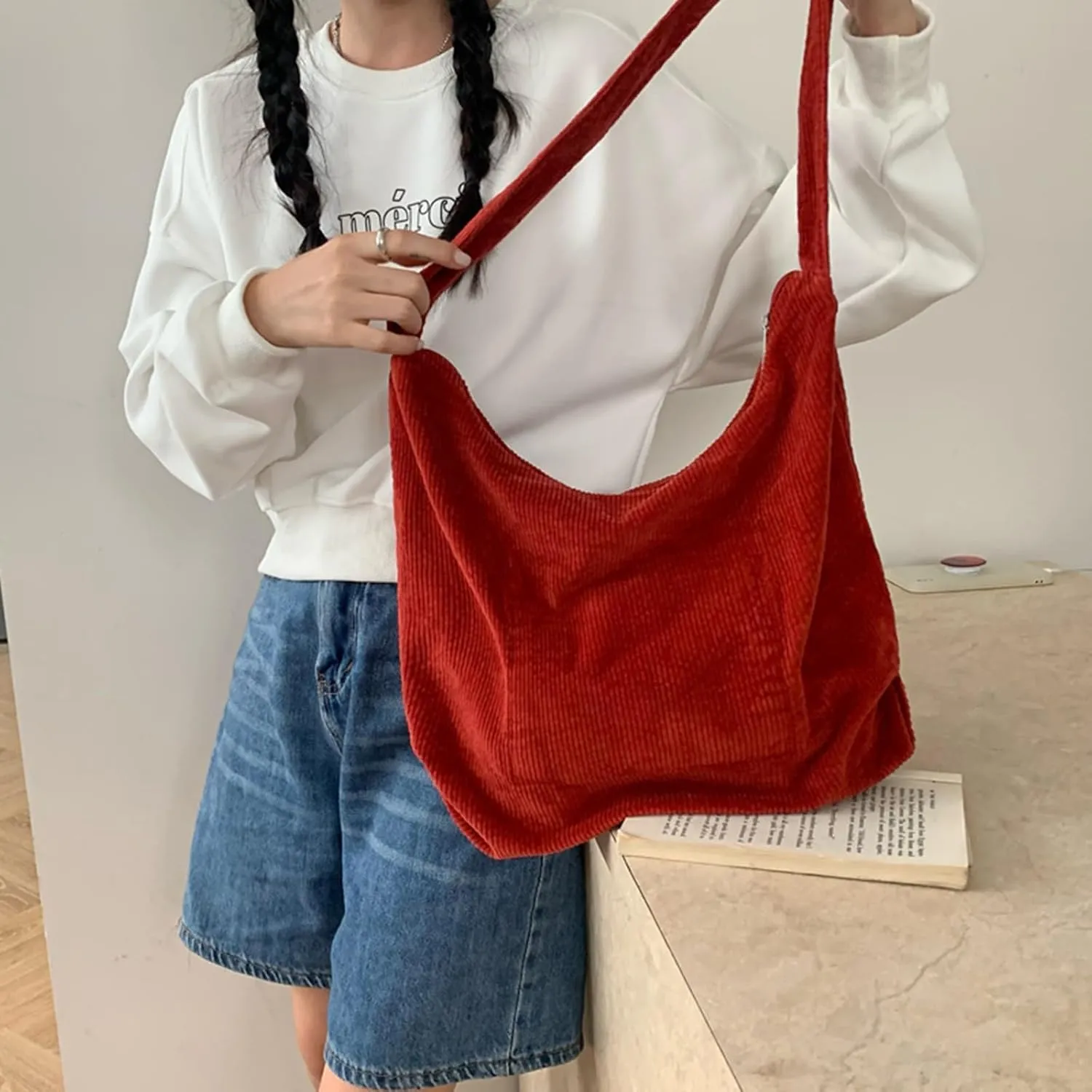 ALUWU Corduroy Tote Bag for Women Girl Canvas Shoulder Handbags Cute Large Purse
