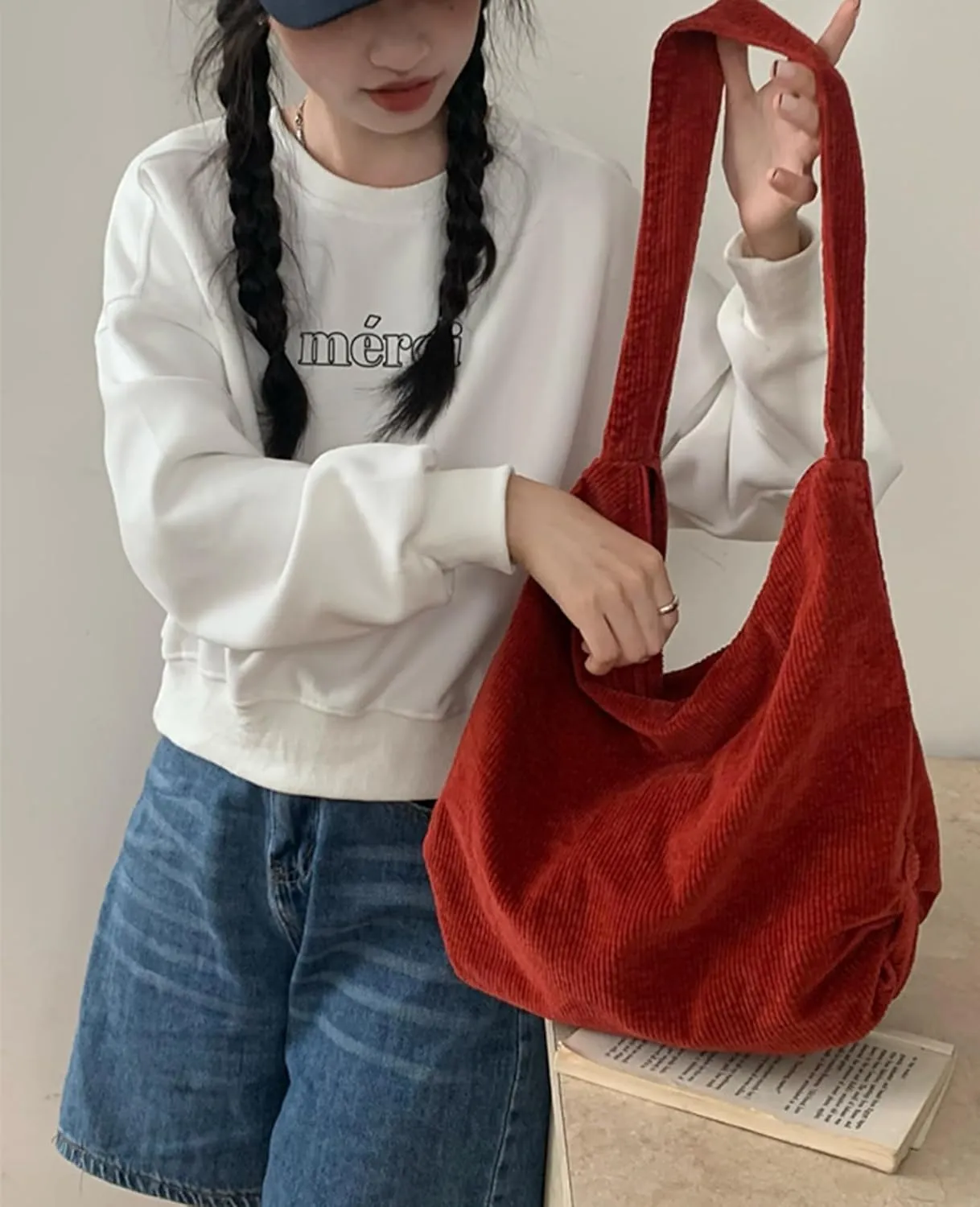 ALUWU Corduroy Tote Bag for Women Girl Canvas Shoulder Handbags Cute Large Purse