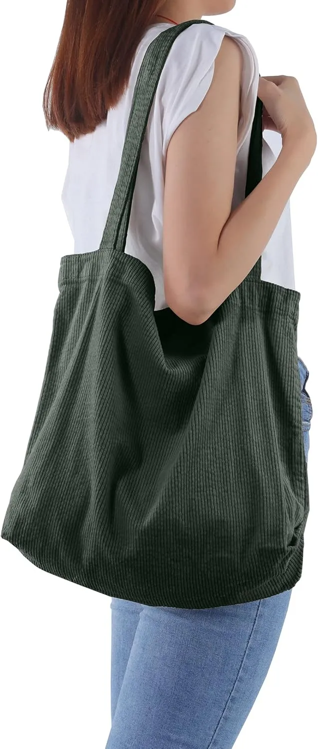 ALUWU Corduroy Tote Bag for Women Girl Canvas Shoulder Handbags Cute Large Purse