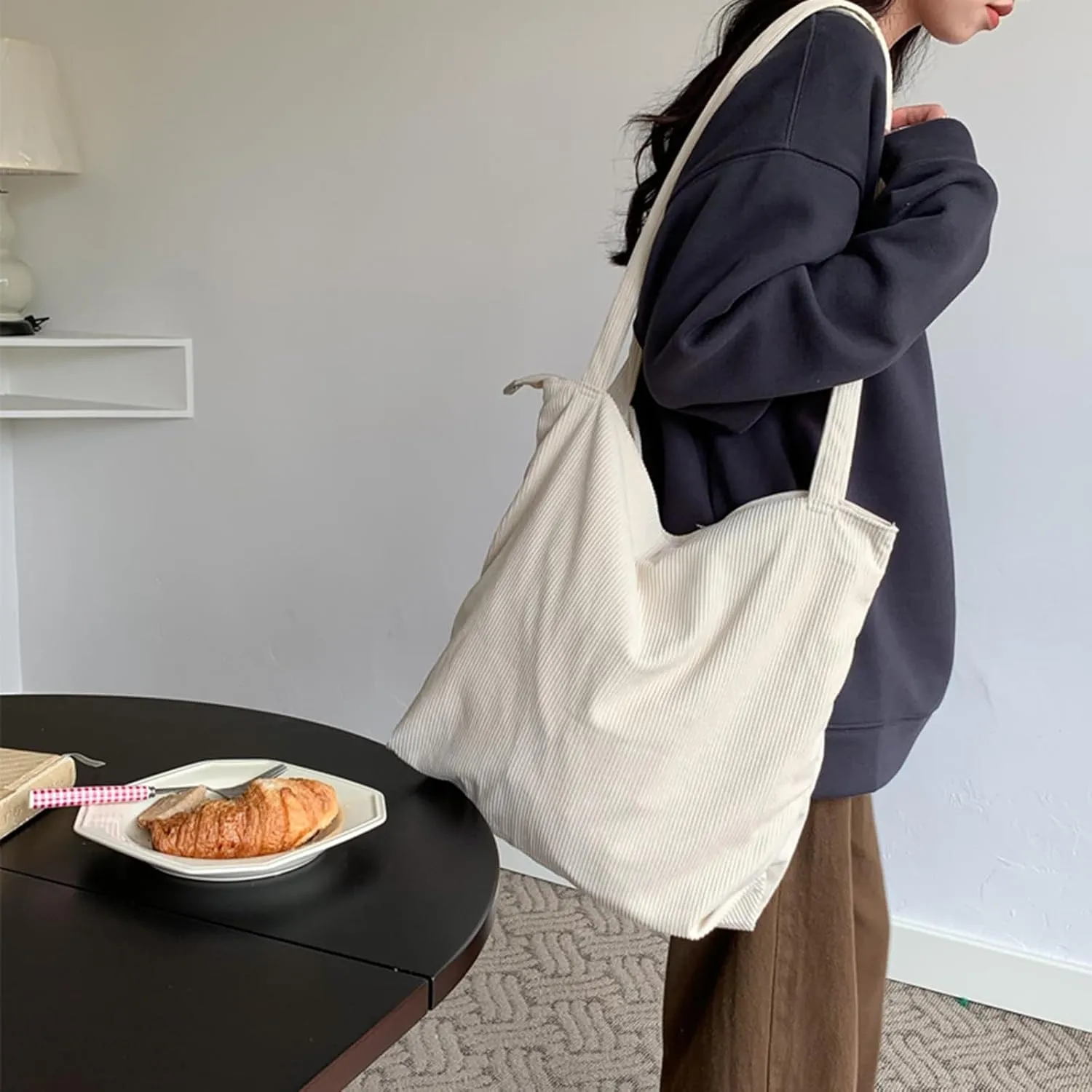 ALUWU Corduroy Tote Bag for Women with Front Pocket and Zipper