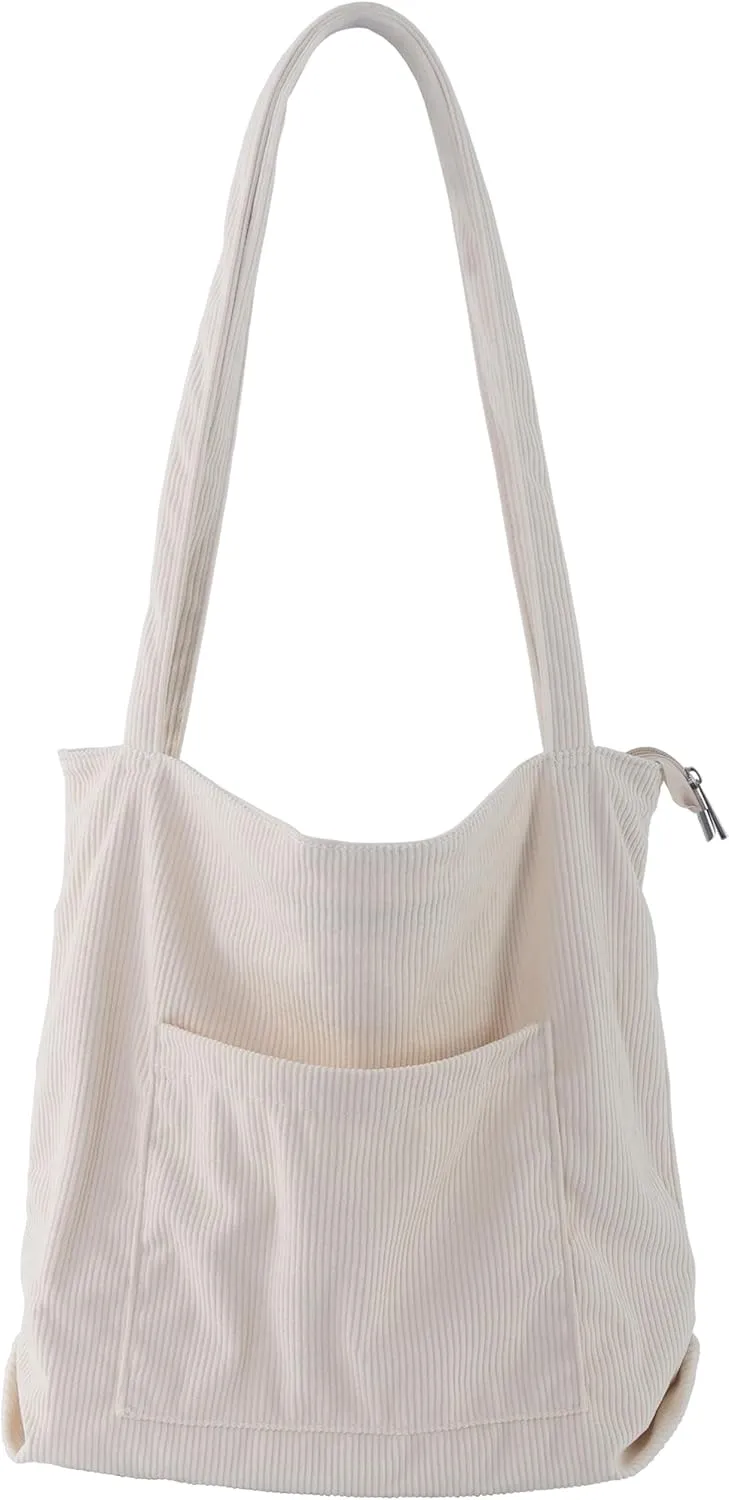 ALUWU Corduroy Tote Bag for Women with Front Pocket and Zipper