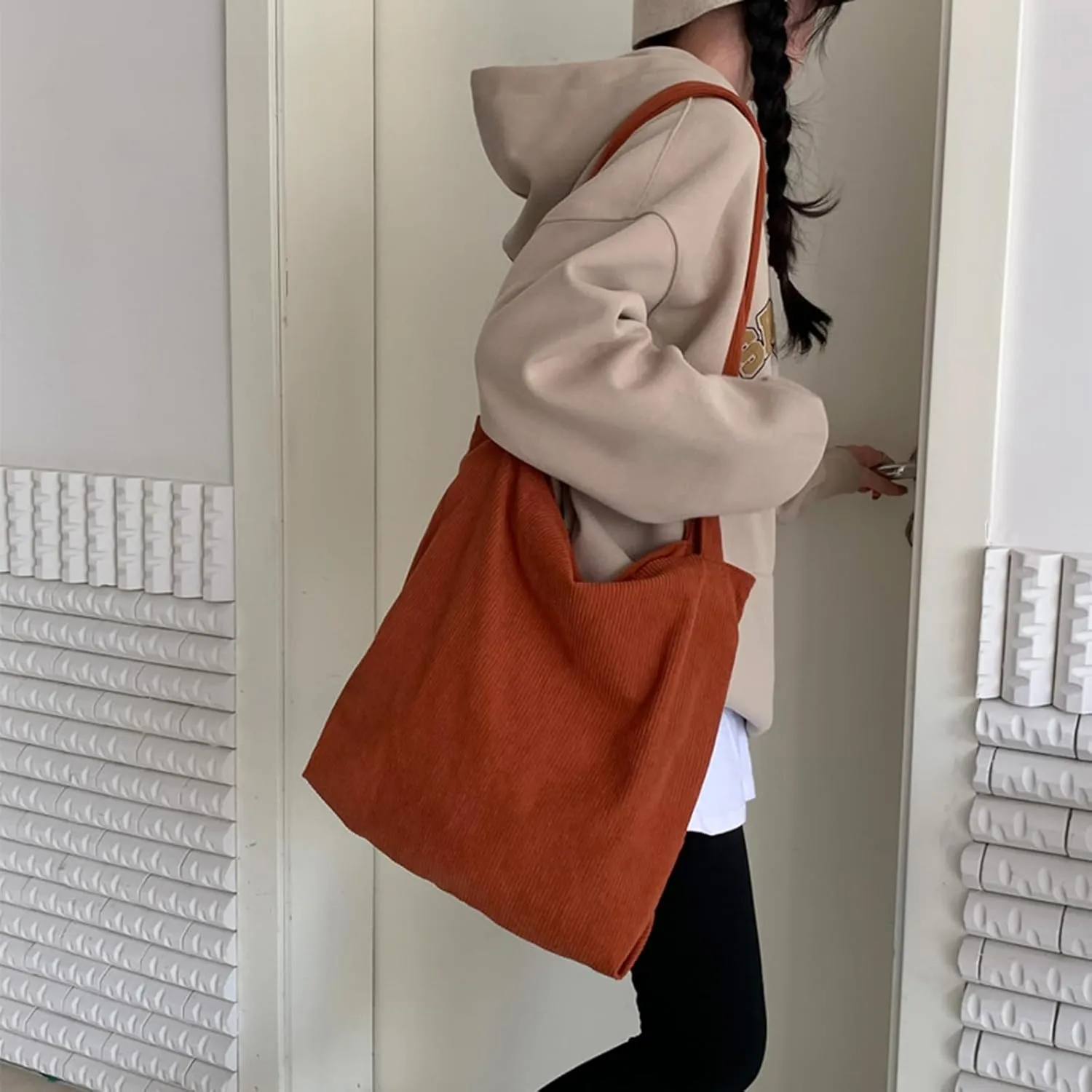 ALUWU Corduroy Tote Bag for Women with Front Pocket and Zipper