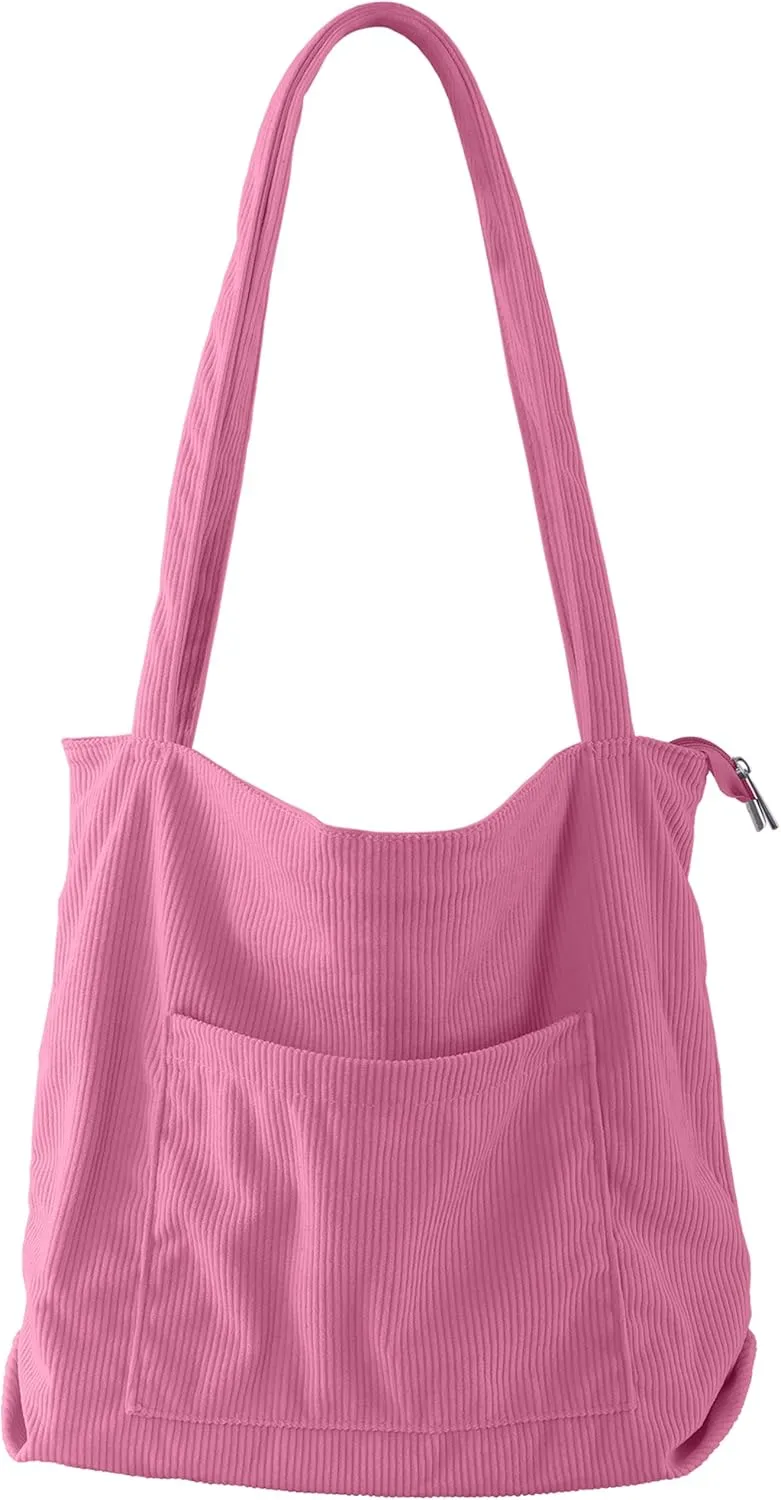 ALUWU Corduroy Tote Bag for Women with Front Pocket and Zipper