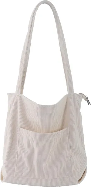 ALUWU Corduroy Tote Bag for Women with Front Pocket and Zipper
