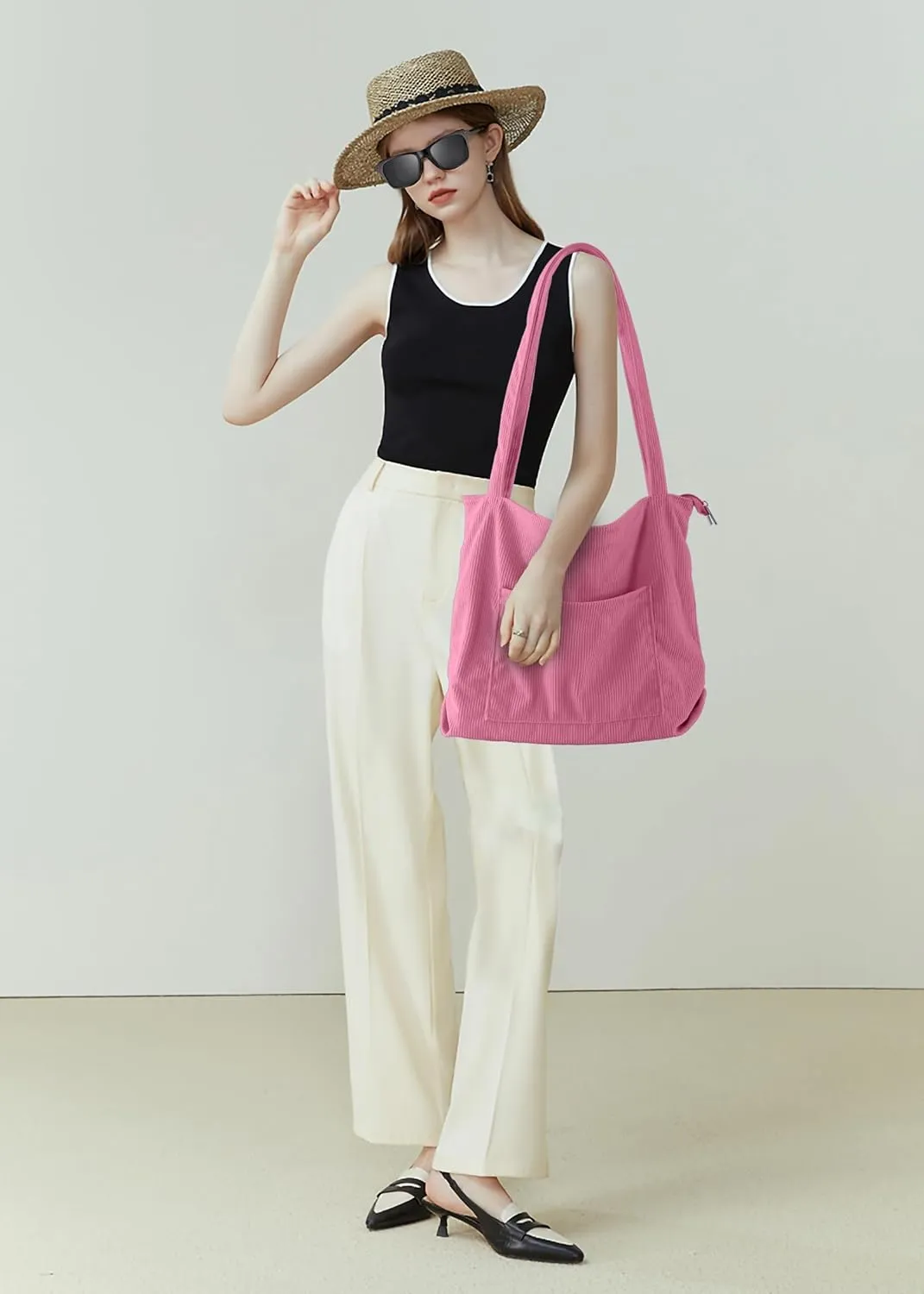 ALUWU Corduroy Tote Bag for Women with Front Pocket and Zipper