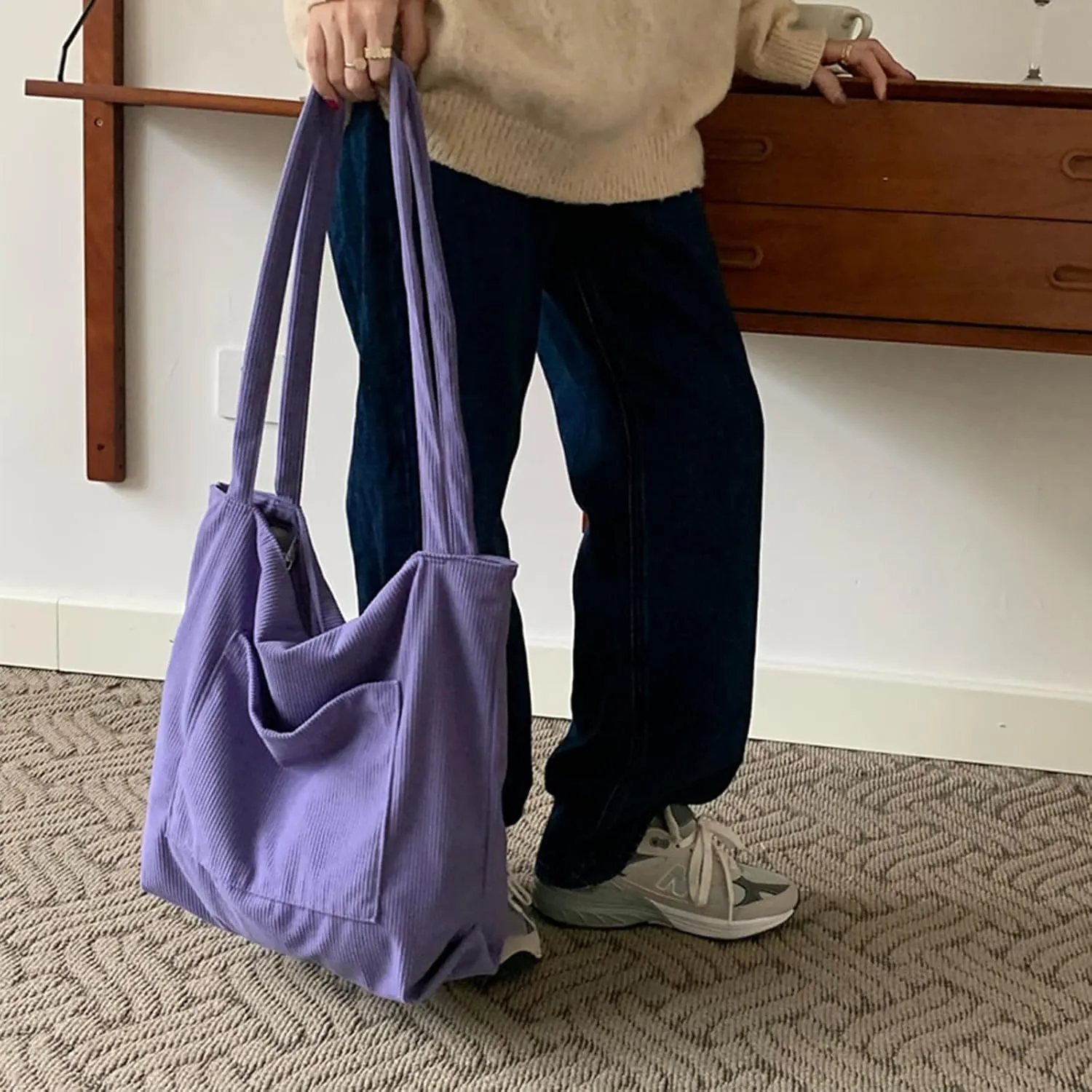 ALUWU Corduroy Tote Bag for Women with Front Pocket and Zipper