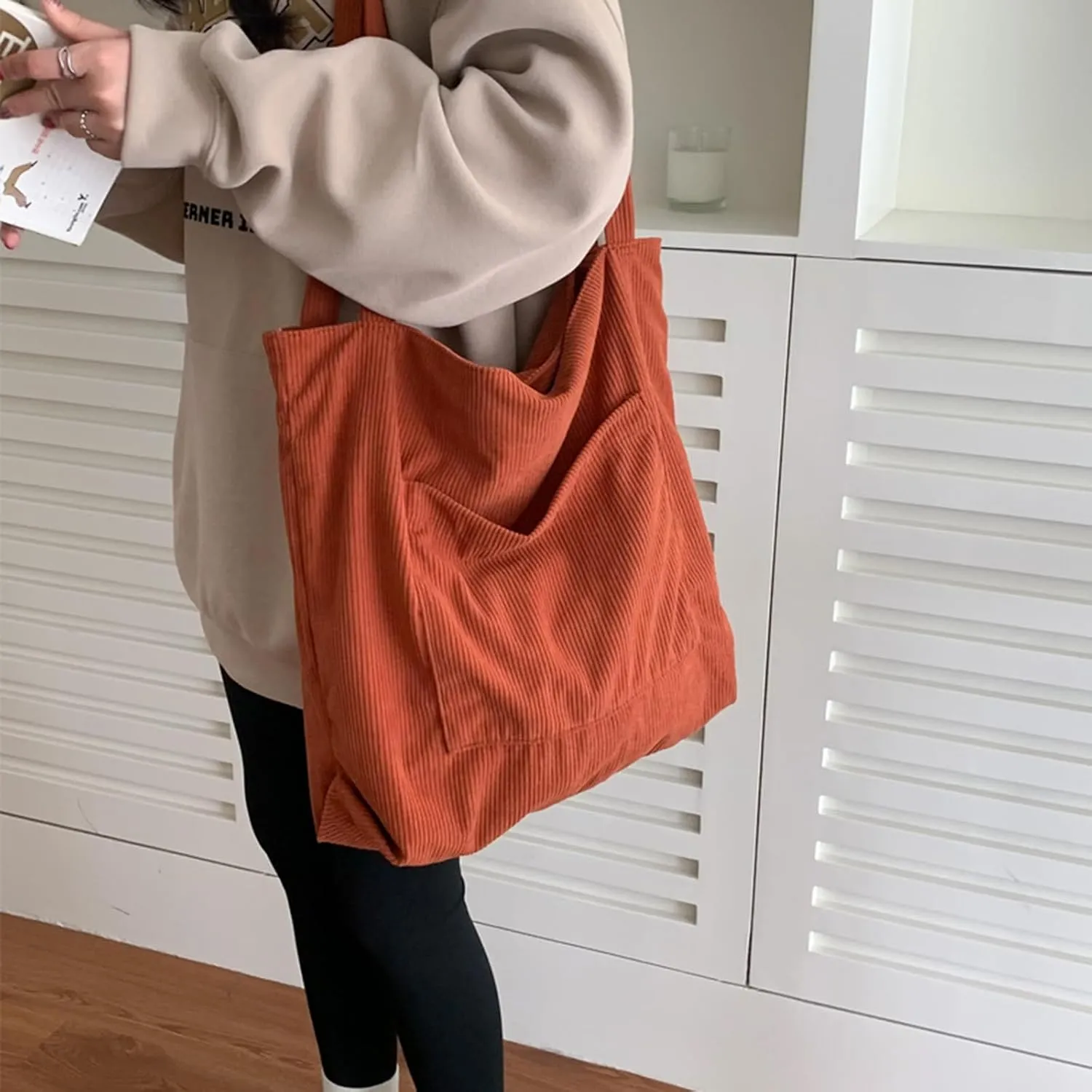 ALUWU Corduroy Tote Bag for Women with Front Pocket and Zipper