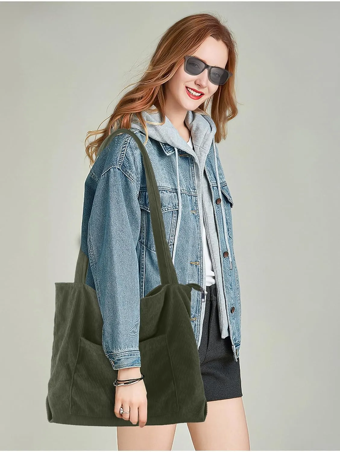 ALUWU Corduroy Tote Bag for Women with Front Pocket and Zipper