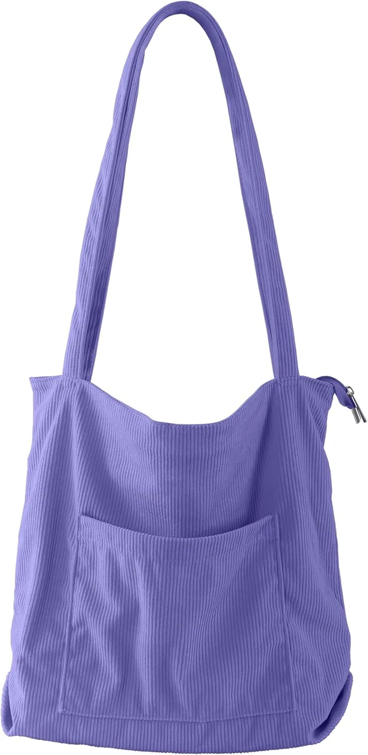 ALUWU Corduroy Tote Bag for Women with Front Pocket and Zipper