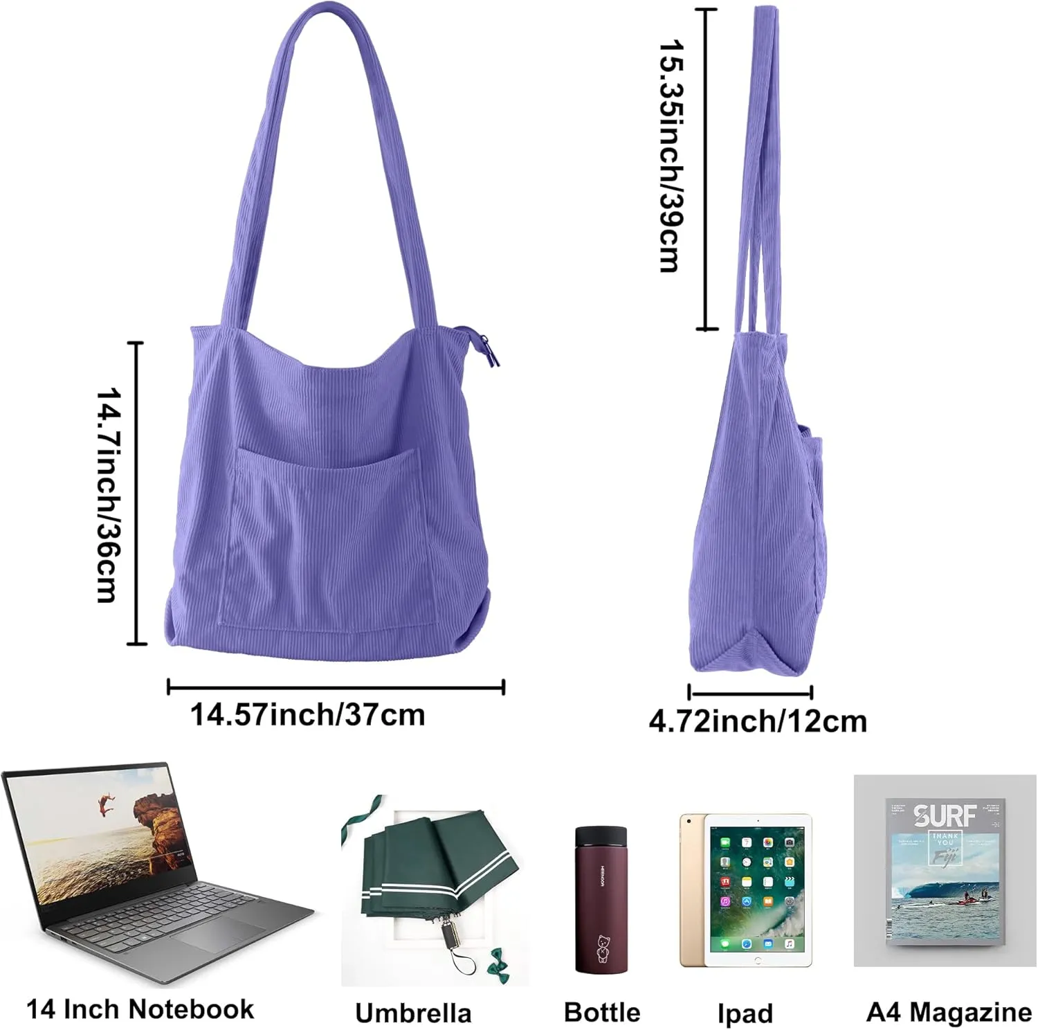 ALUWU Corduroy Tote Bag for Women with Front Pocket and Zipper