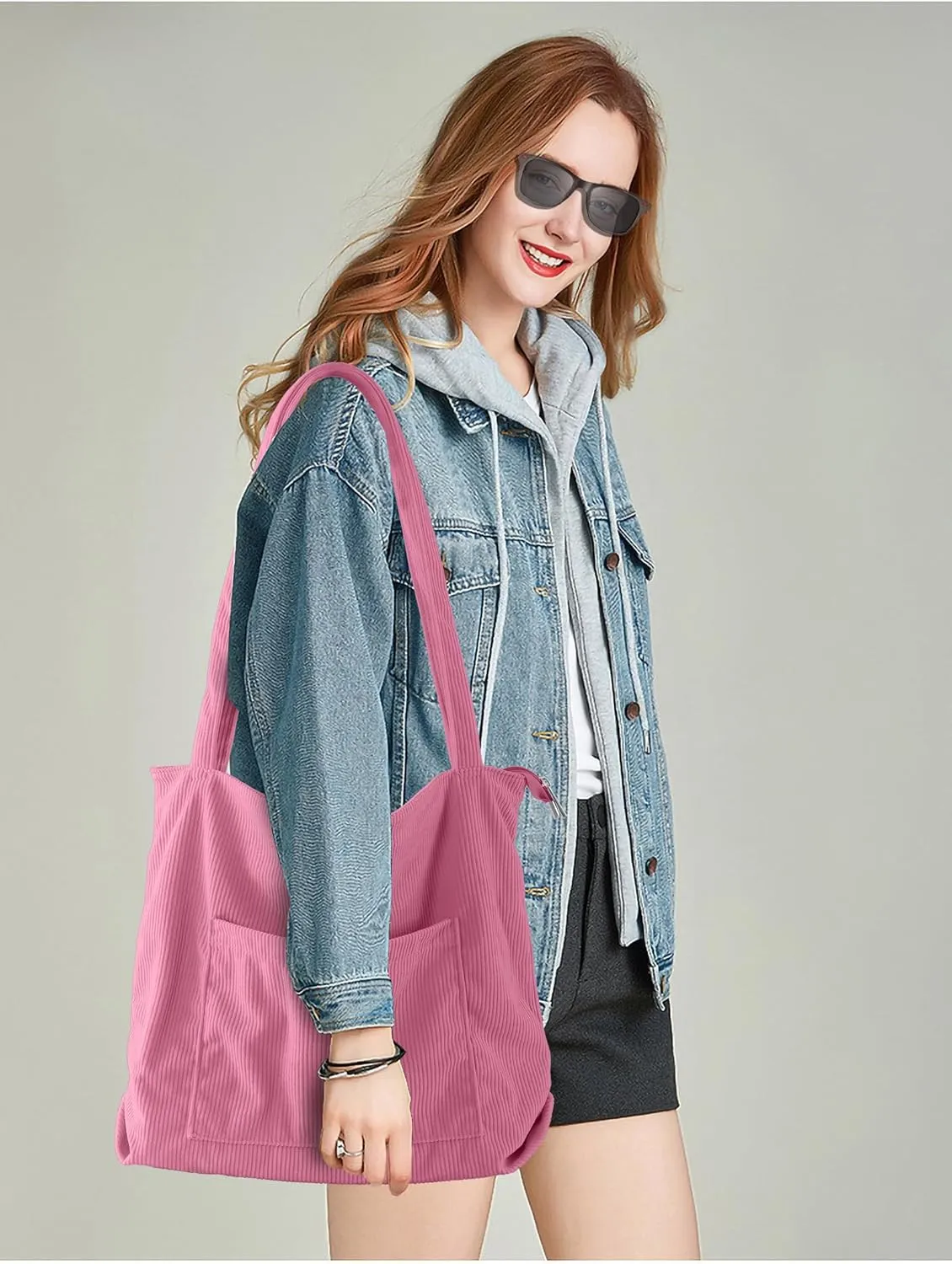 ALUWU Corduroy Tote Bag for Women with Front Pocket and Zipper