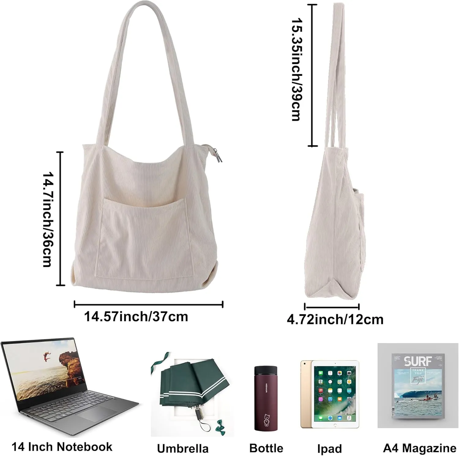 ALUWU Corduroy Tote Bag for Women with Front Pocket and Zipper