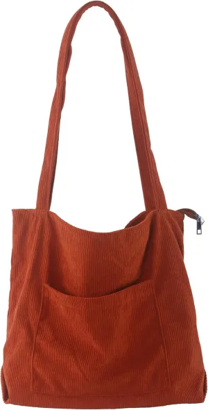 ALUWU Corduroy Tote Bag for Women with Front Pocket and Zipper