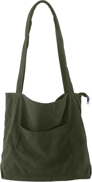 ALUWU Corduroy Tote Bag for Women with Front Pocket and Zipper