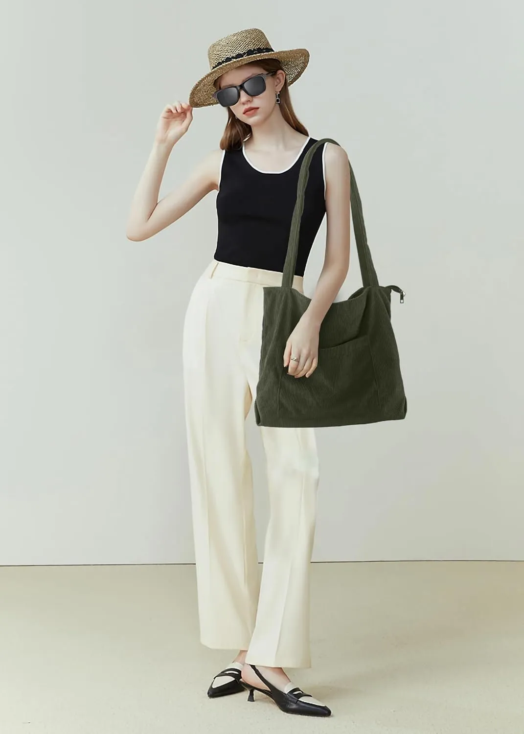 ALUWU Corduroy Tote Bag for Women with Front Pocket and Zipper