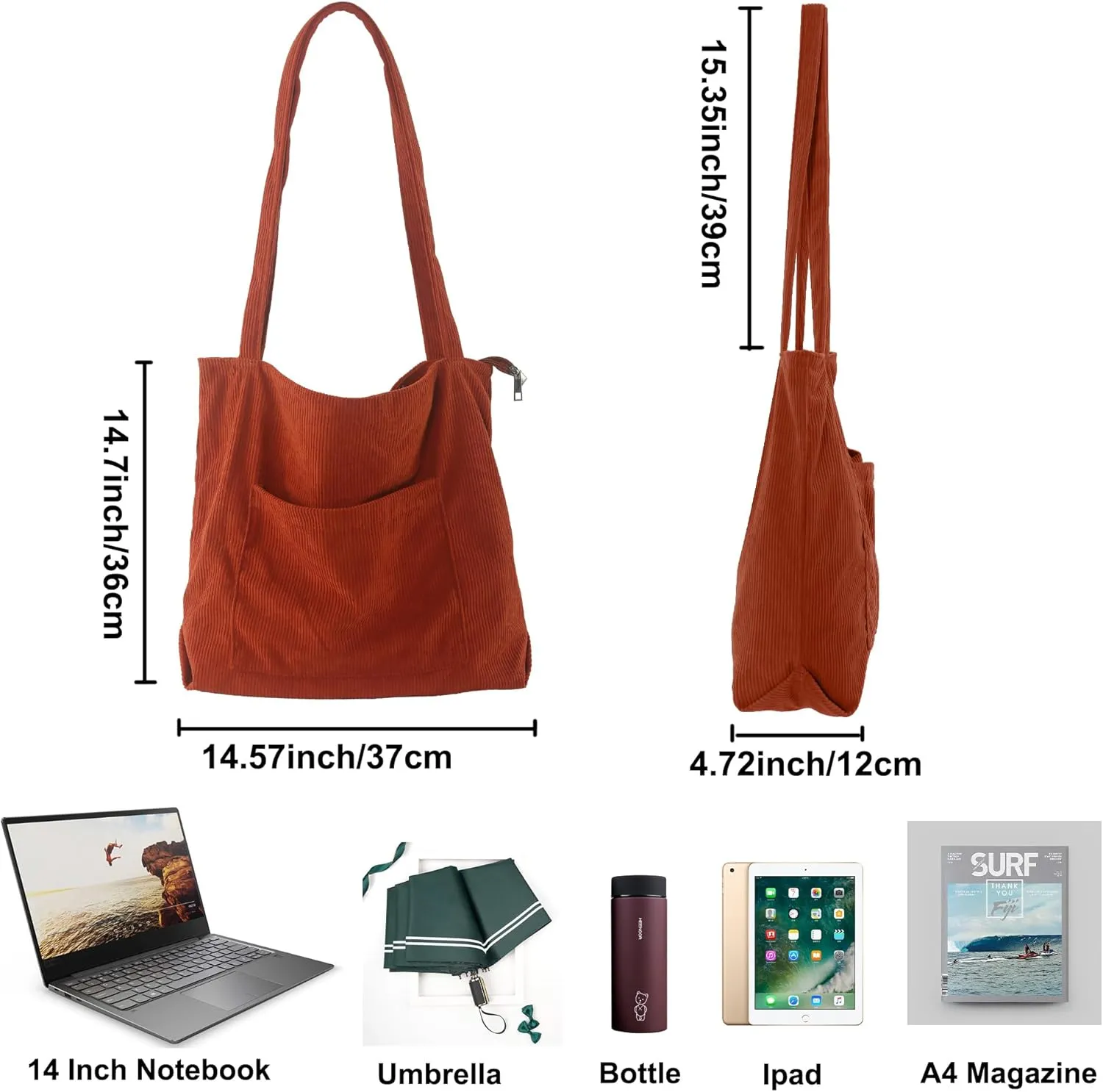 ALUWU Corduroy Tote Bag for Women with Front Pocket and Zipper