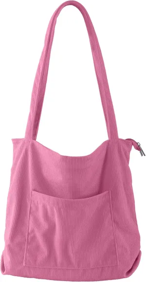 ALUWU Corduroy Tote Bag for Women with Front Pocket and Zipper